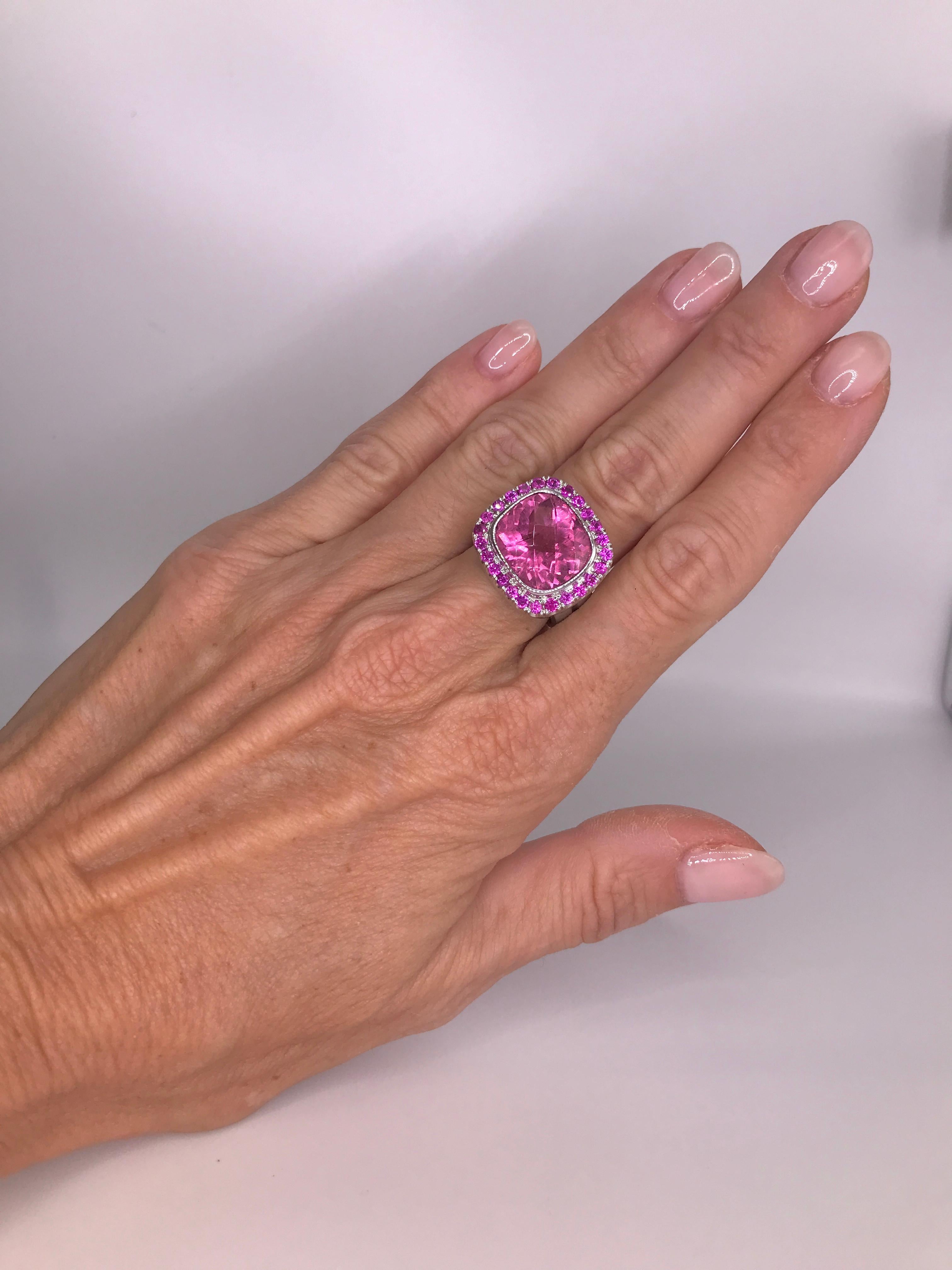 8 Carat Pink Tourmaline and Pink Sapphires Cocktail Ring In New Condition For Sale In Los Angeles, CA
