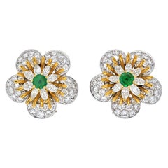 8 Carat Round Diamond and Green Emerald Flower Earrings