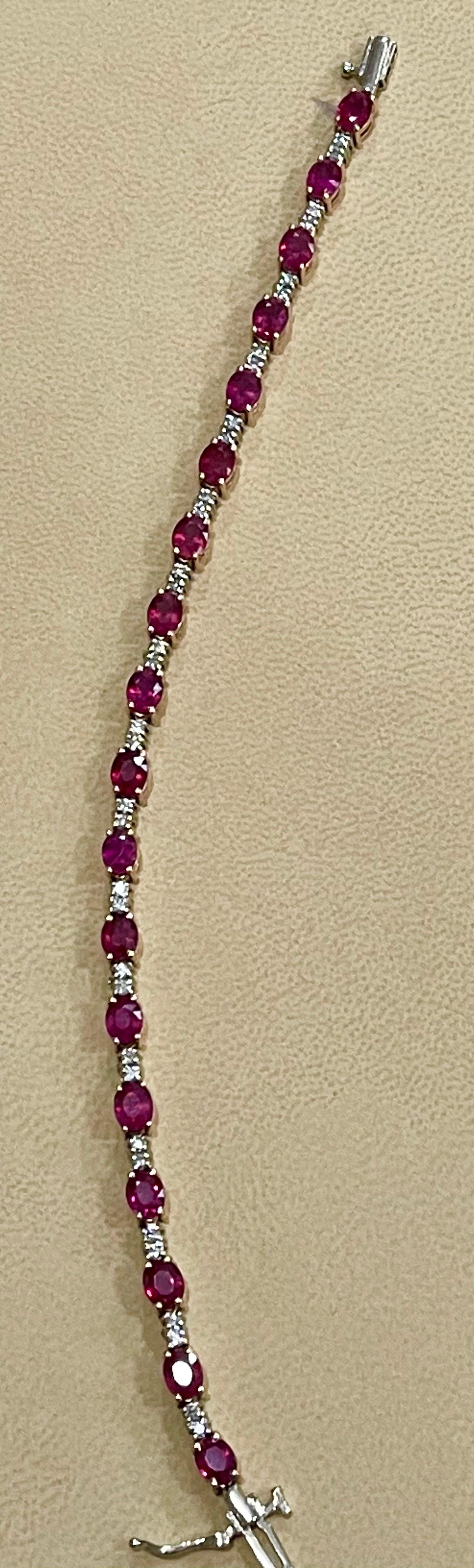  This exceptionally affordable Tennis  bracelet has  18 stones of oval  Rubies  . Each Ruby is spaced by two diamonds . The weight of the Ruby is approximately  8 Carat .Total number of diamonds are 34 and diamond weighs approximately  1.0 carats.