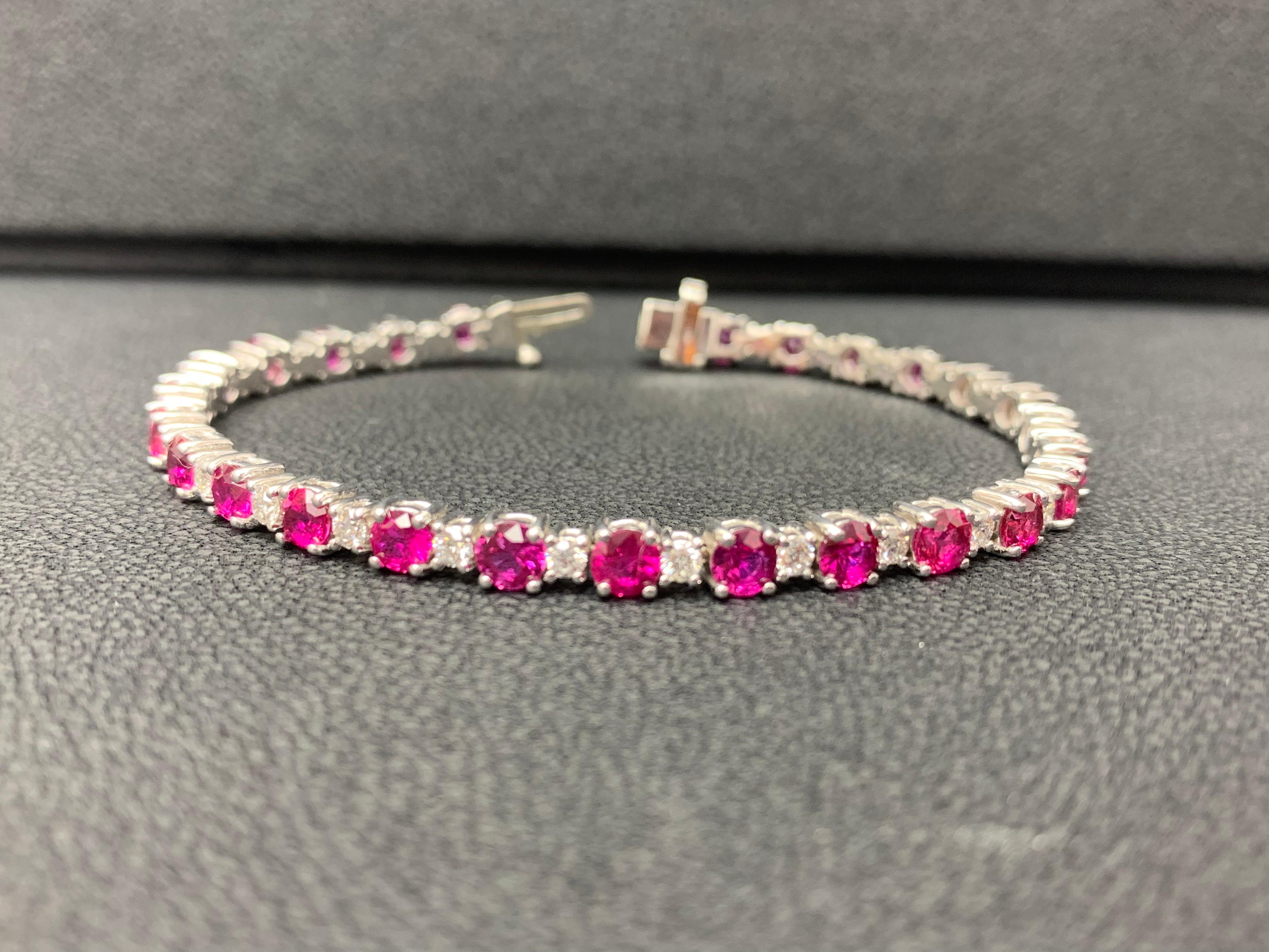 Showcasing 8 carats total of 27 rubies, elegantly alternating with 1.48 carats of 27 round brilliant diamonds. Made in 14 karat white gold.

Style available in different price ranges. Prices are based on your selection of the 4C’s (Carat, Color,