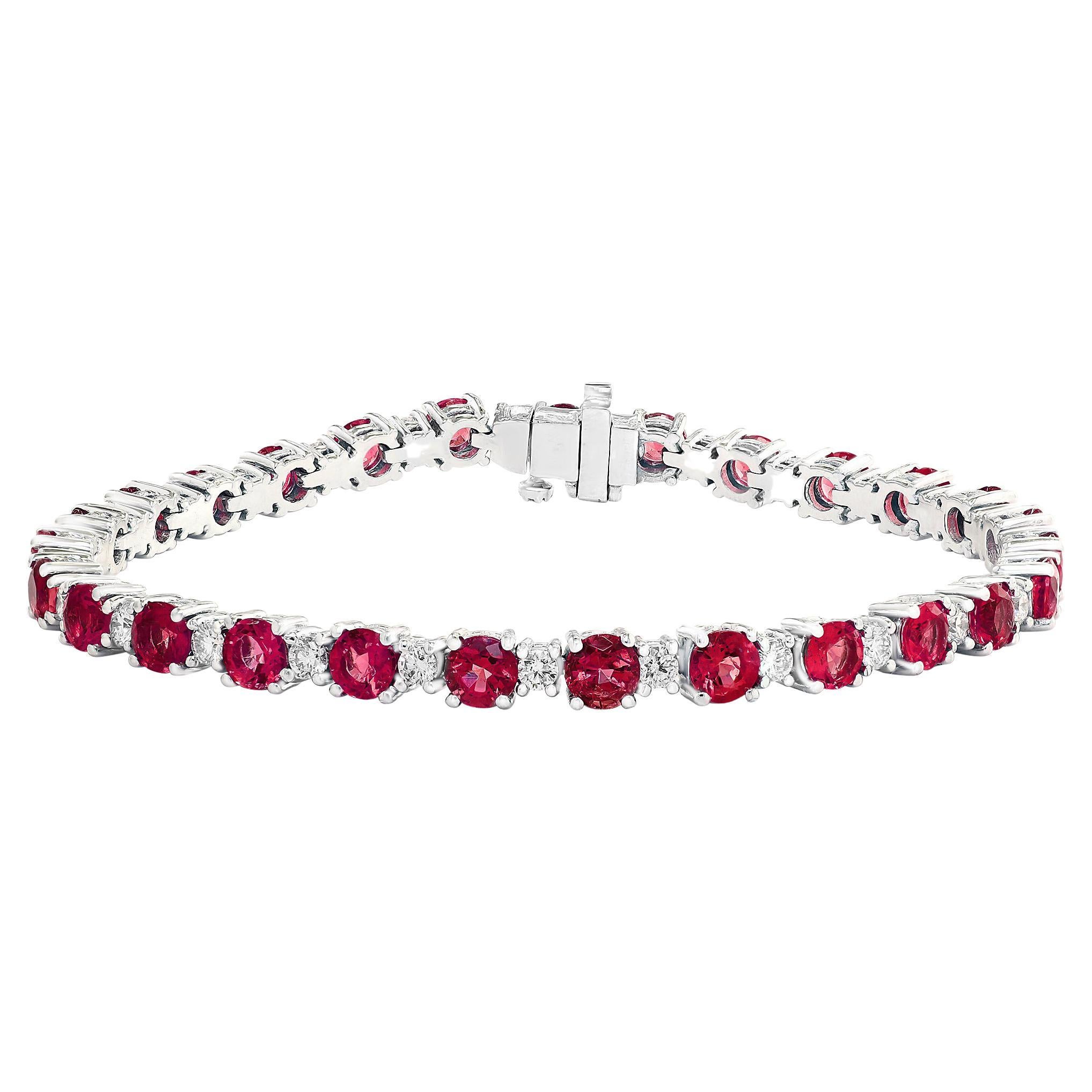 8 Carat Ruby and Diamond Tennis Bracelet in 14K White Gold For Sale