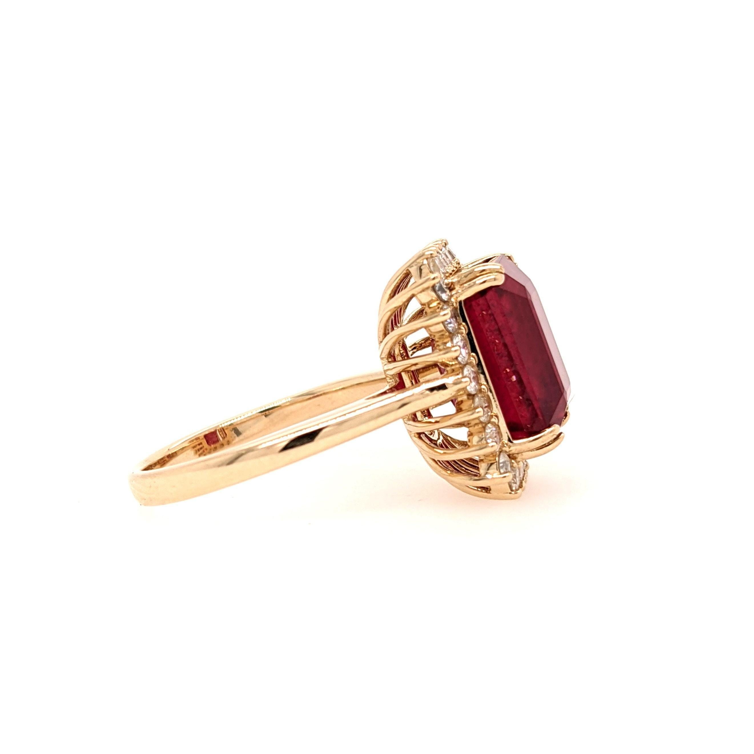 Emerald Cut 8 Carat Ruby Ring w a Natural Diamond Halo in Solid 14K Yellow Gold For Sale