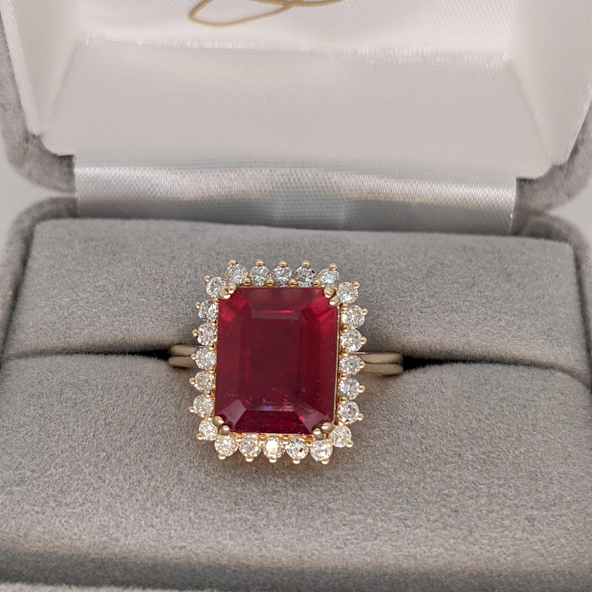 Women's 8 Carat Ruby Ring w a Natural Diamond Halo in Solid 14K Yellow Gold For Sale