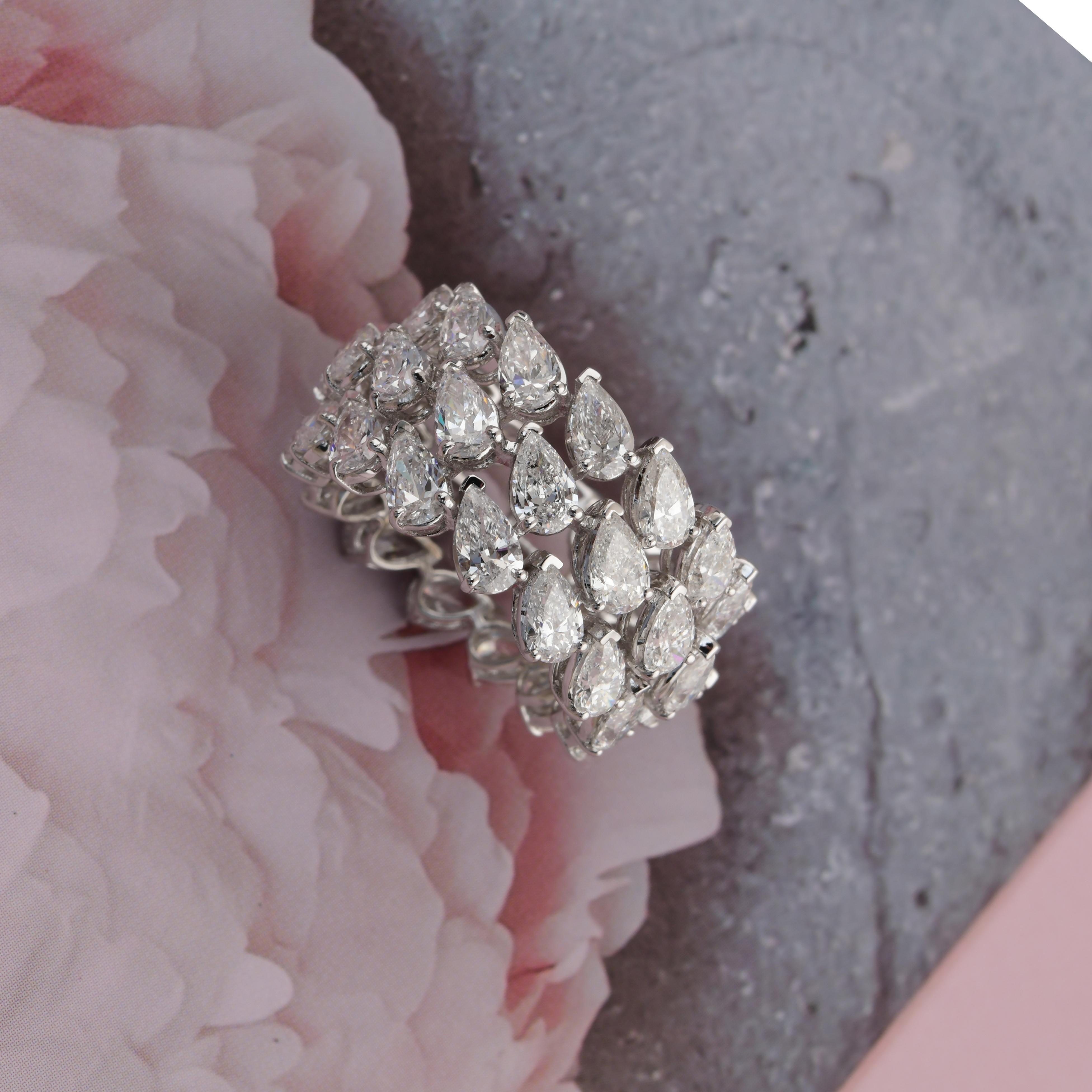Modern 8 Carat SI Clarity HI Color Pear Diamond Band Ring 18 Karat White Gold Jewelry For Sale