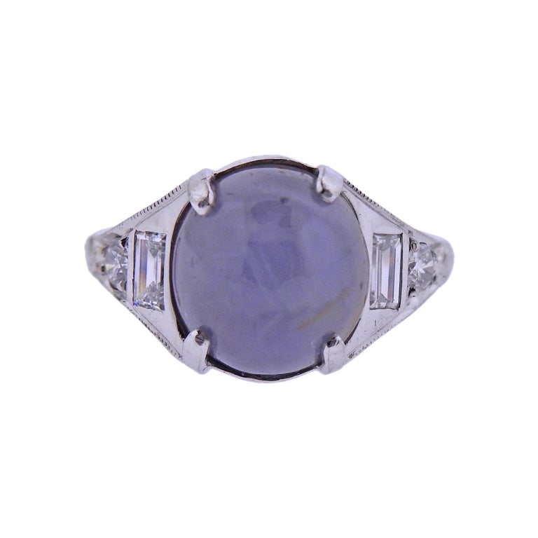 Carat Star Sapphire Cabochon Diamond Platinum Ring For Sale at