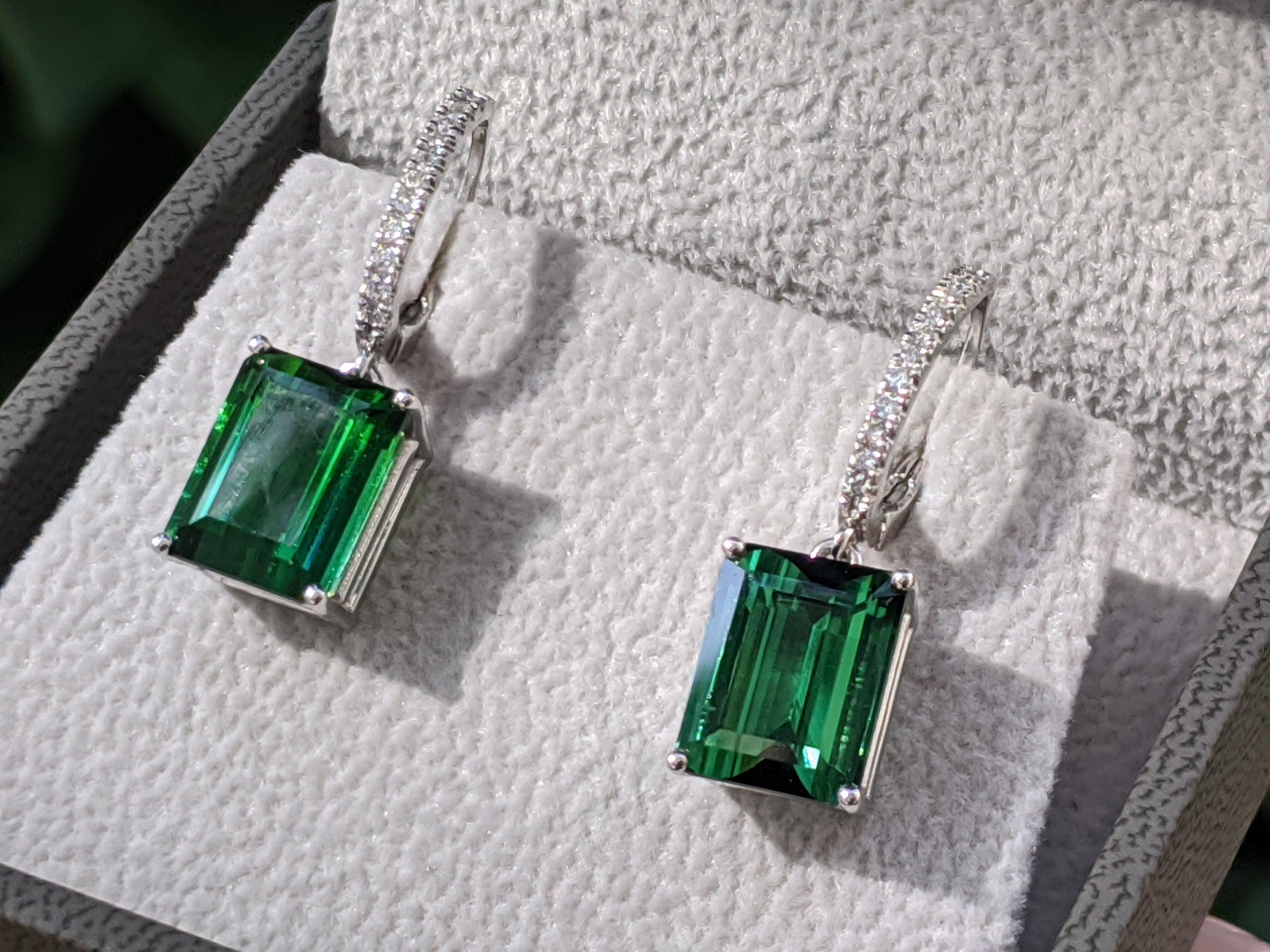 8 Carat Tourmaline and Diamond Earrings, Green Emerald Cut Tourmaline Dangle Earrings, Hairloom Earrings, Rare Find One Of a Kind Earrings
 
 Center Stone:
 Carat Weight: 4ct Natural Tourmaline Gem Quality
 Color: Forest Green
 Clarity: Eye Clean
 
