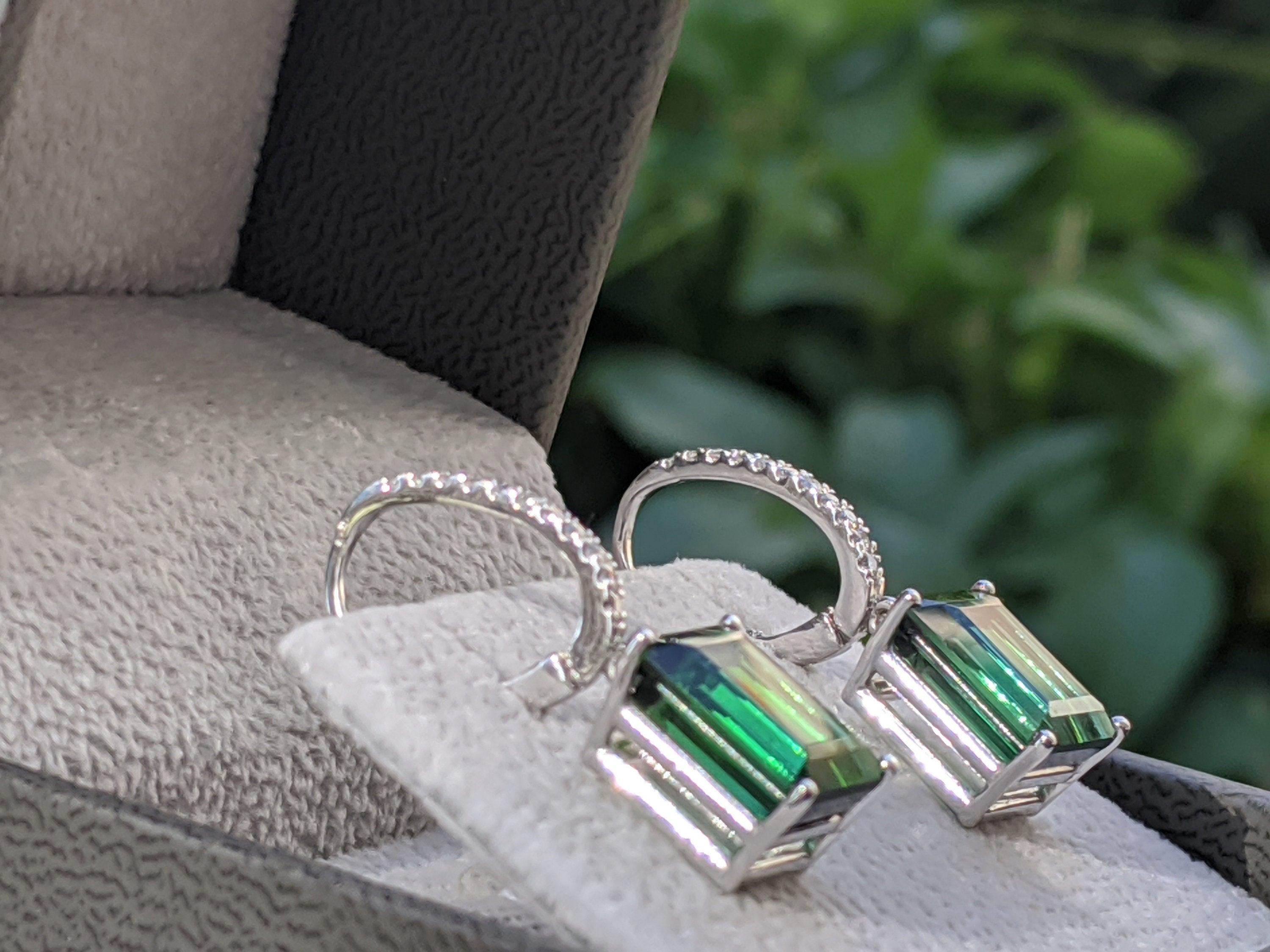 Art Deco 8 Carat Tourmaline and Diamond Earrings, Green Emerald Tourmaline