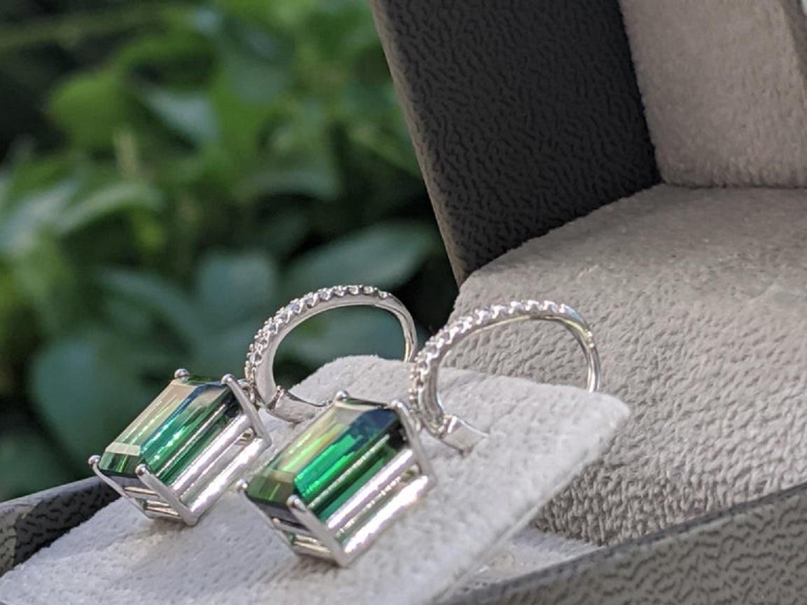 Emerald Cut 8 Carat Tourmaline and Diamond Earrings, Green Emerald Tourmaline