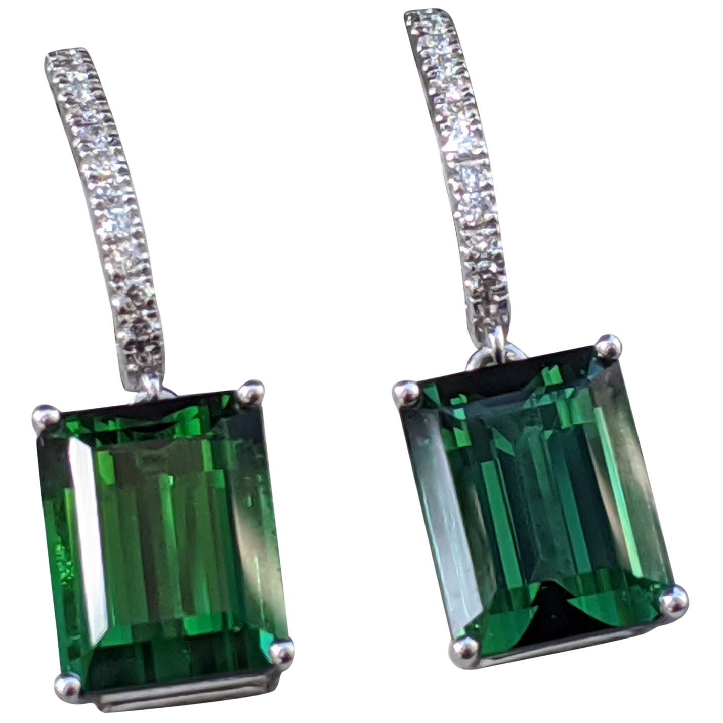 8 Carat Tourmaline and Diamond Earrings, Green Emerald Tourmaline