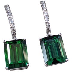 8 Carat Tourmaline and Diamond Earrings, Green Emerald Tourmaline