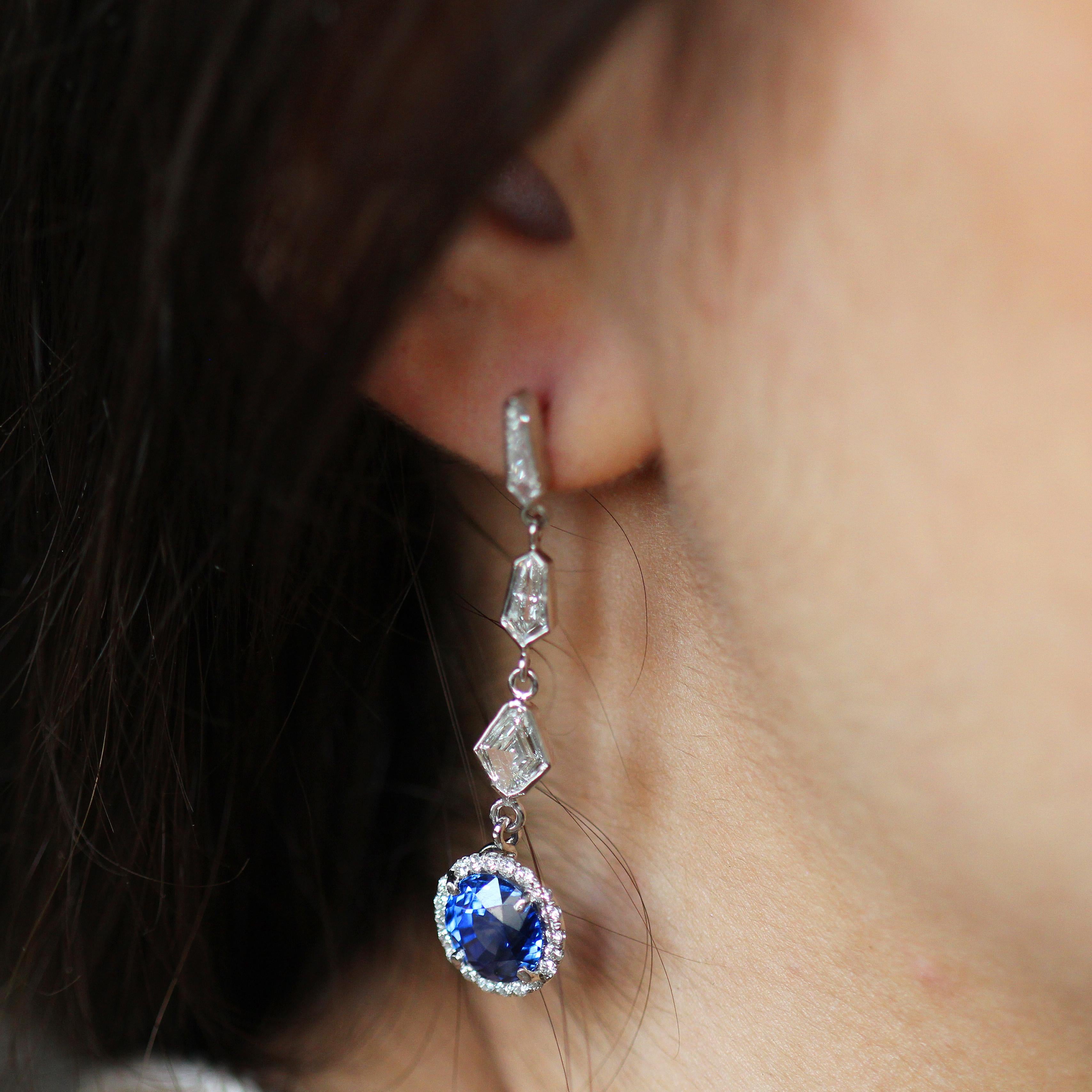Contemporary 8 Carat TW Vivid Electric Blue Natural No Heat Sapphire Earrings For Sale