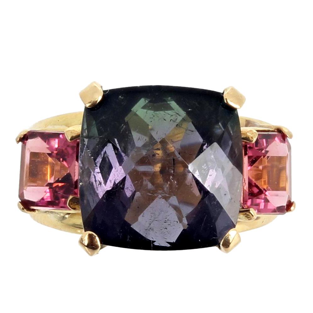 8 Carat Two-Tone Purple Green Pink Tourmaline 18KT Yellow Gold Ring