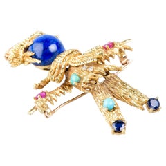 8 carat yellow gold scarecrow brooch designed semi-precious stones and diamonds