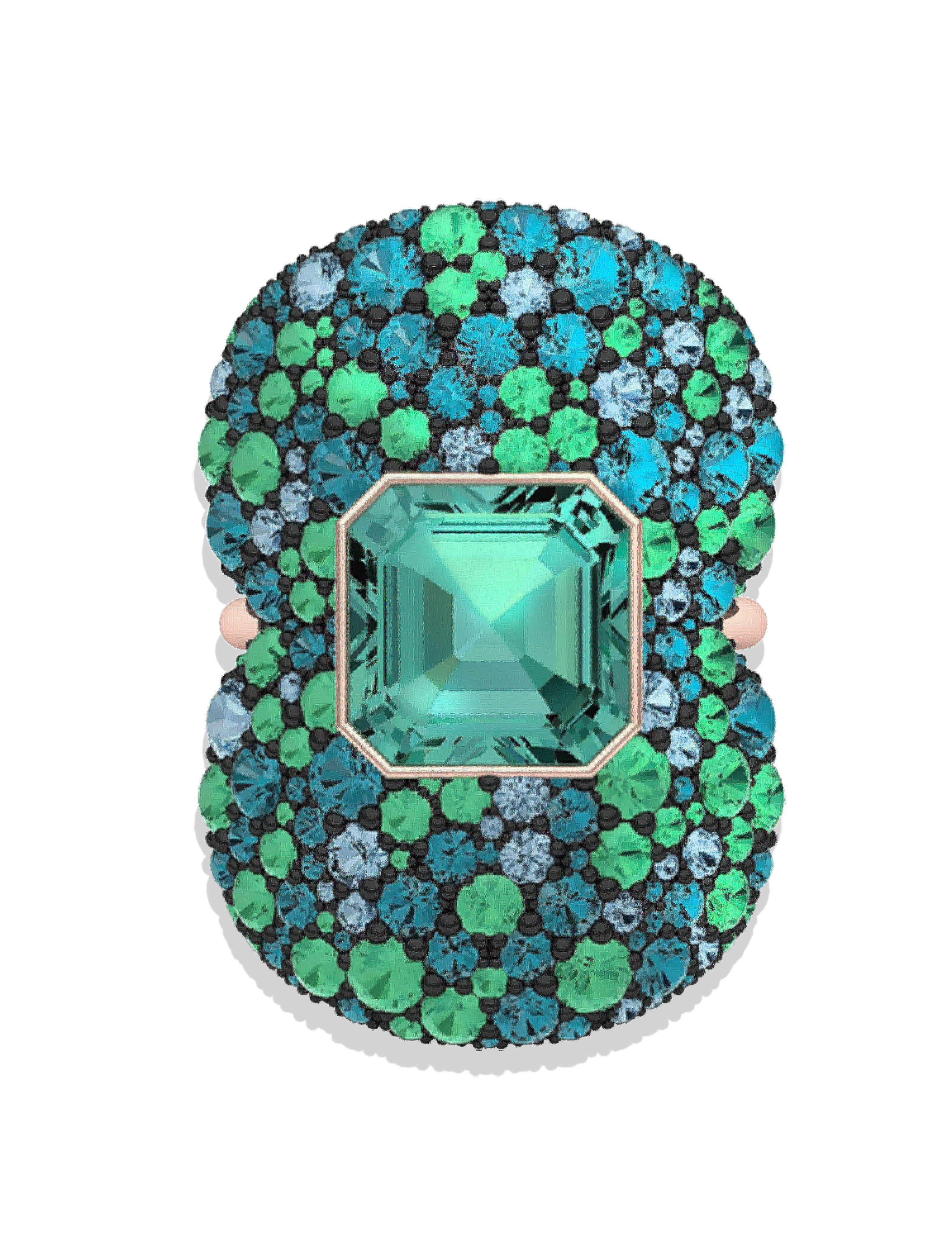 This fun an beautiful ring has a tones of of the sea and can be seen from the centers rich light blue green to the muted tones of blue green and foam blue green.  The center stone is a 8 x 8 mm asscher cut Tourmaline that has a even sea foam green