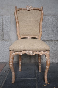 8 Carved Wood and Beige Silk Fabric Early 20th Century Italian Chairs