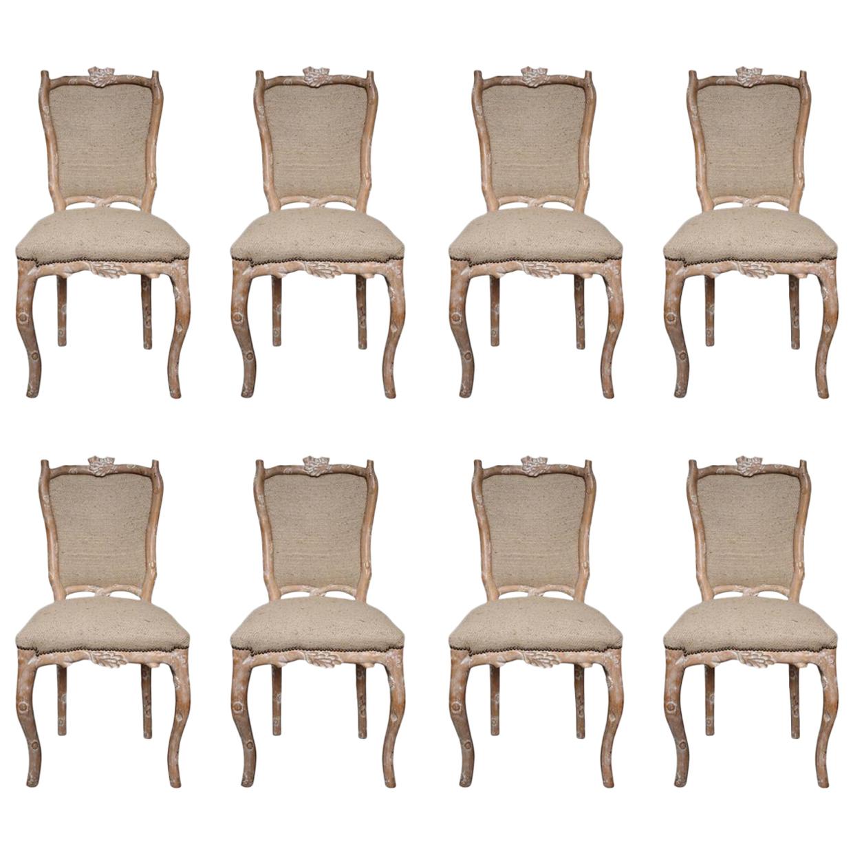 8 Carved Wood and Beige Silk Fabric Early 20th Century Italian Chairs For Sale