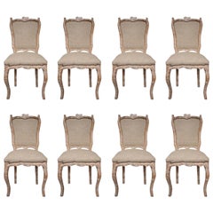 8 Carved Wood and Beige Silk Fabric Early 20th Century Italian Chairs