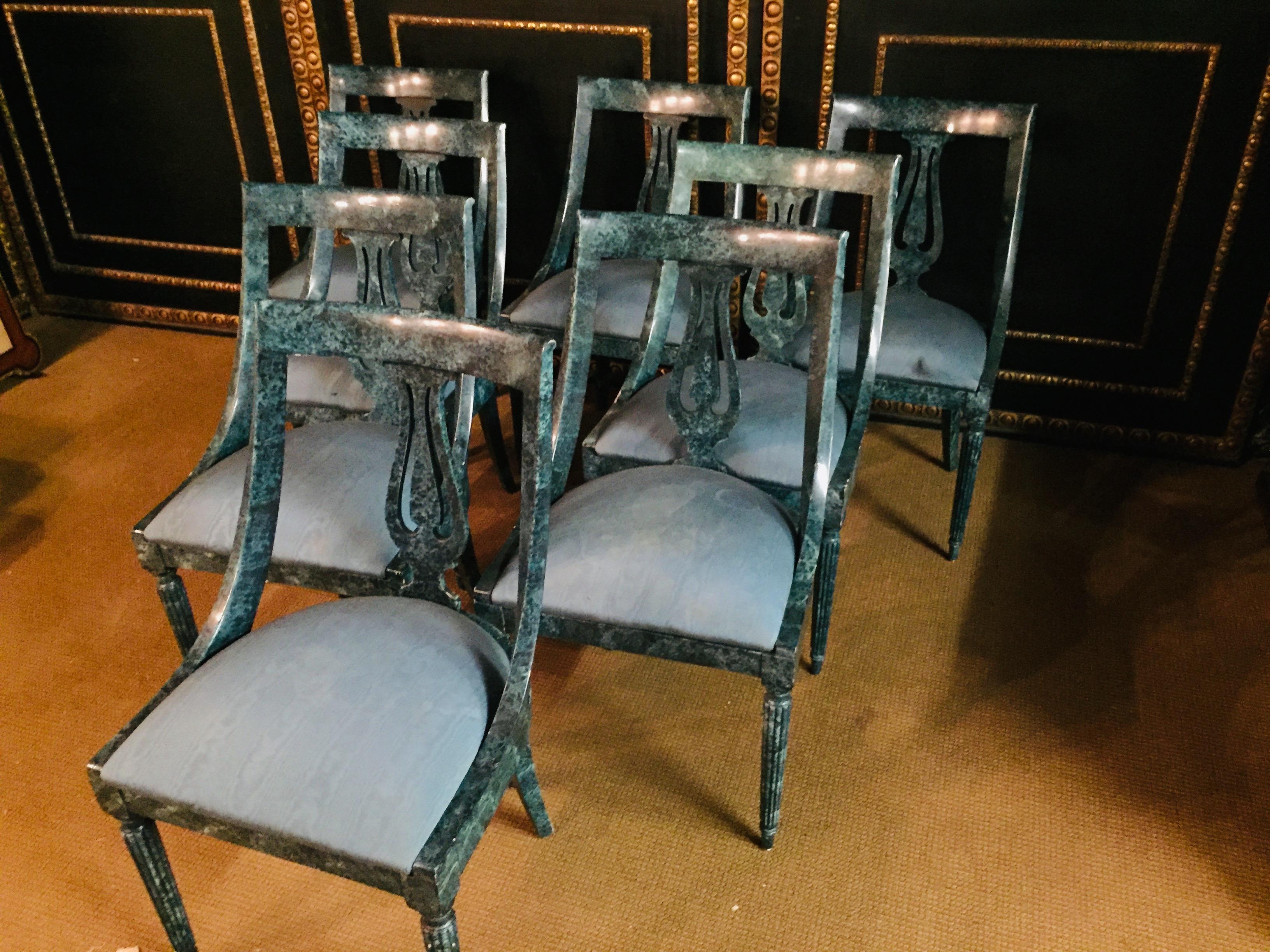 Lacquered 8 Chairs in the Modern Empire Style Turquoise Marbled