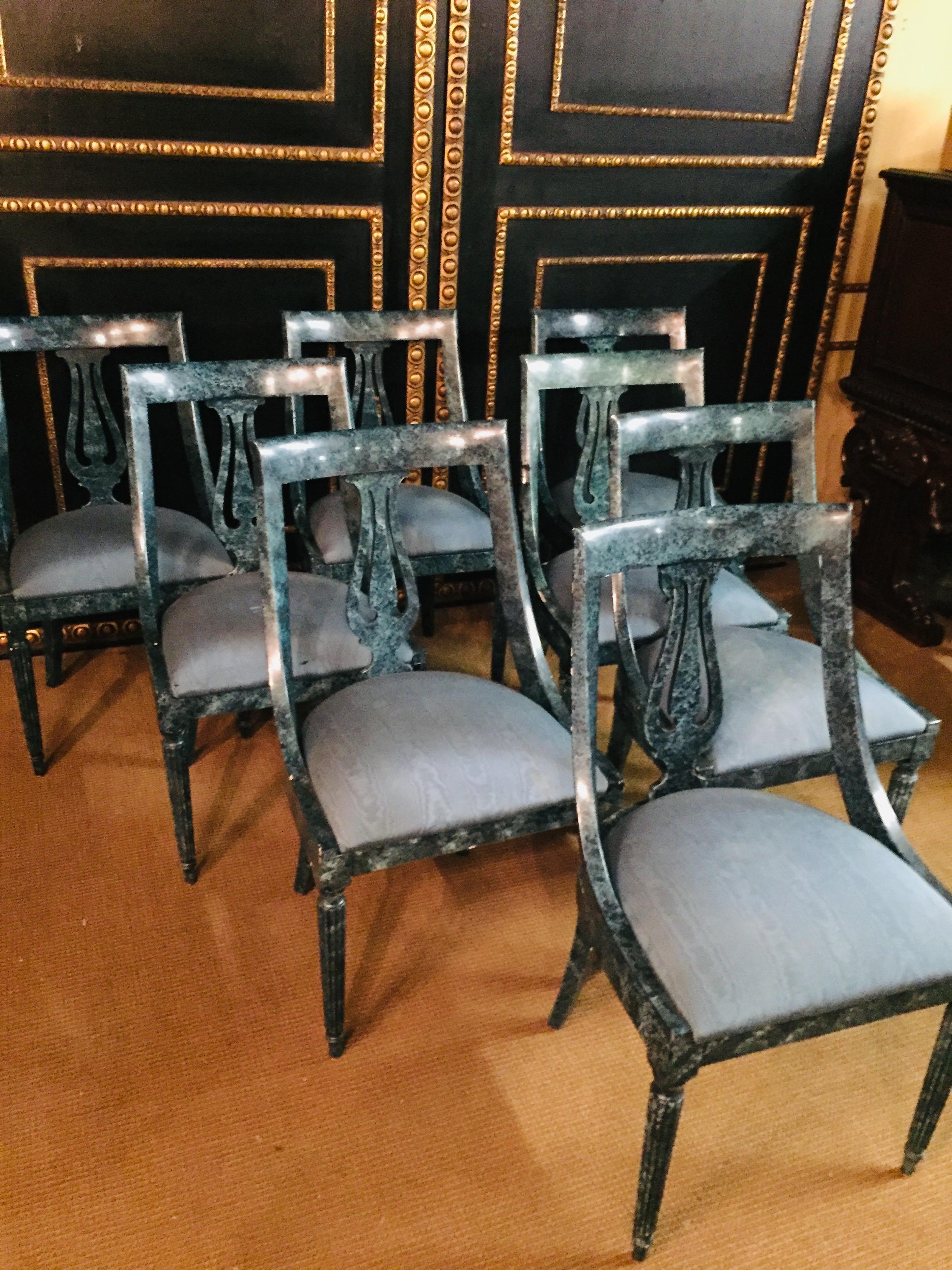 8 Chairs in the Modern Empire Style Turquoise Marbled In Good Condition In Berlin, DE
