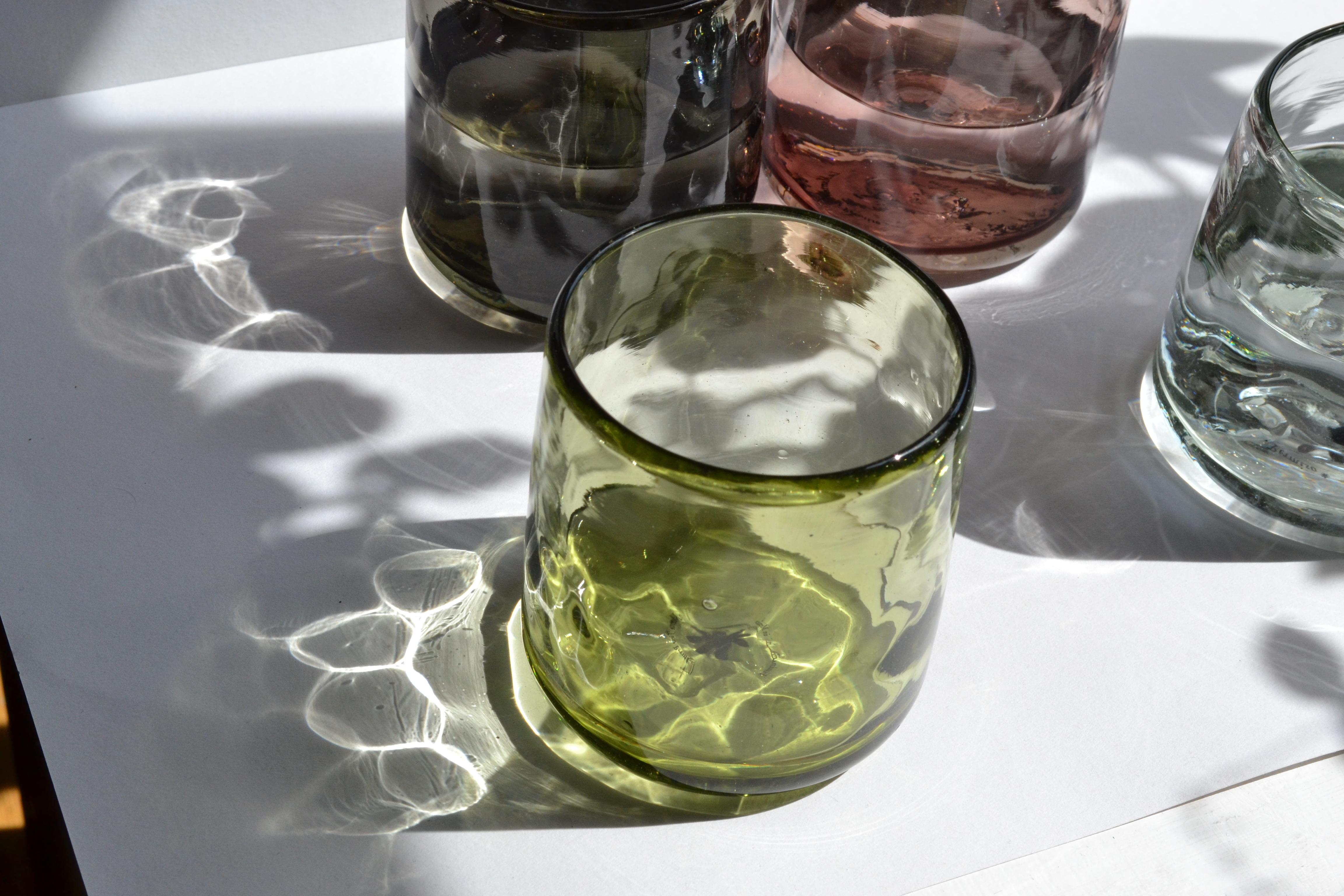 Contemporary 8 Cocktail Green Tumblers, Handblown Organic Irregular Shape 100% Recycled Glass For Sale