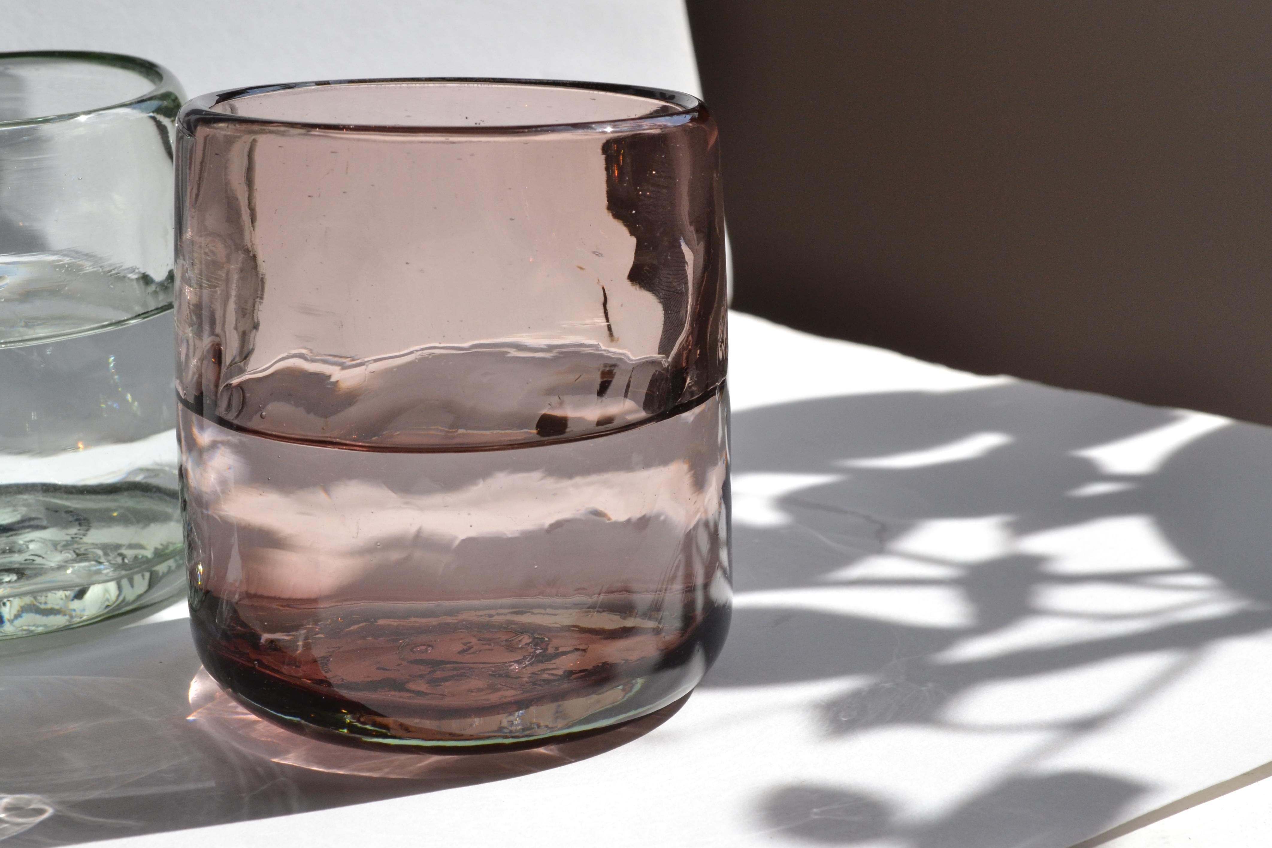 Organic Modern 8 Cocktail PINK Tumblers, Handblown Organic Irregular Shape 100% Recycled Glass For Sale
