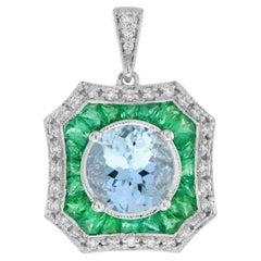 8 Ct. Aquamarine Emerald Art Deco Style Pendant in 18K White Gold