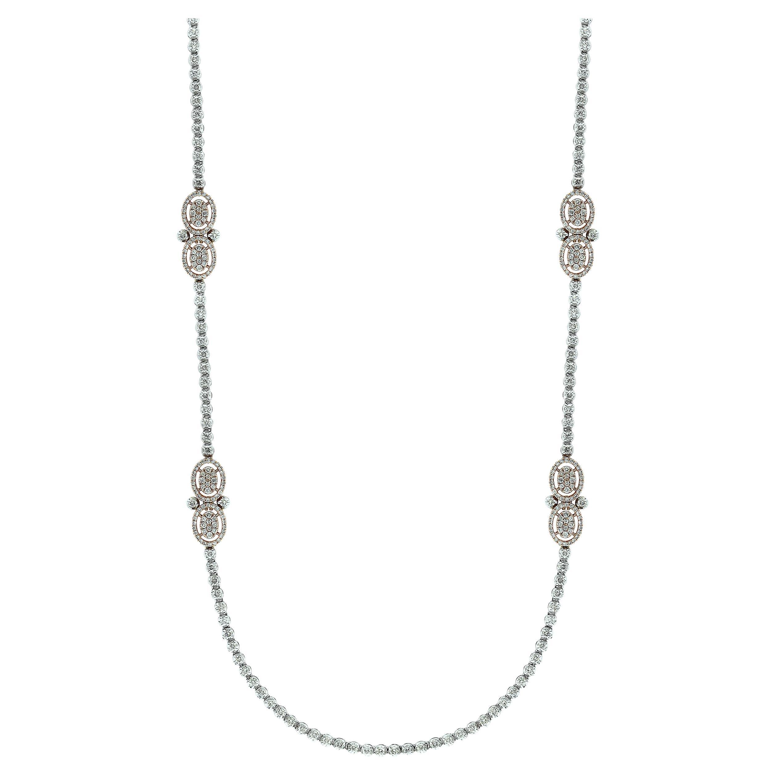 8 Ct Brilliant Cut Diamond Long Necklace in White & Pink 14 K Gold 27 Gm