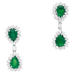 8 Ct. Elegant Pear-Shaped Emerald and Round Brilliant Diamond Earrings