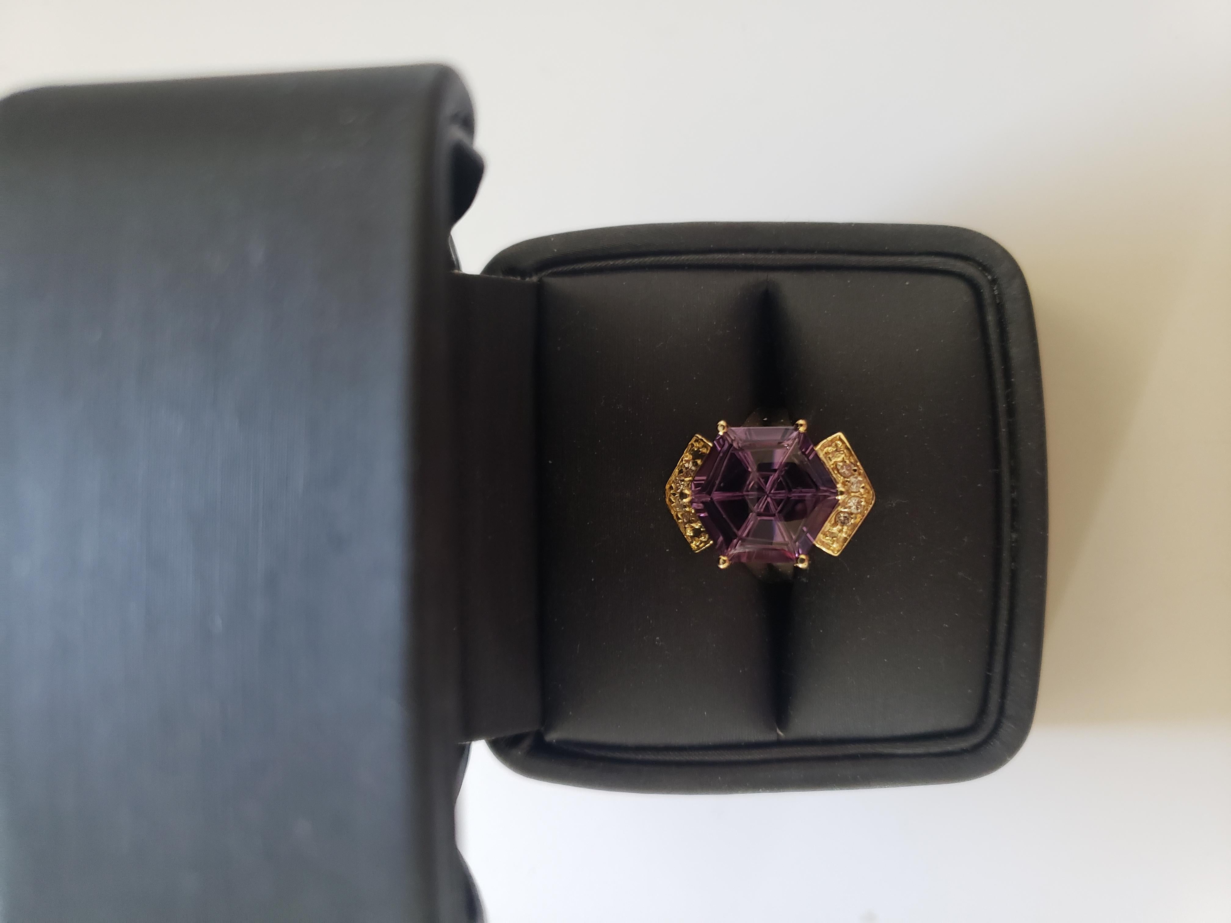 Hexagon Cut NEW 8 Ct. Natural Amethyst Ring with Diamonds in 14k Solid Yellow Gold  For Sale