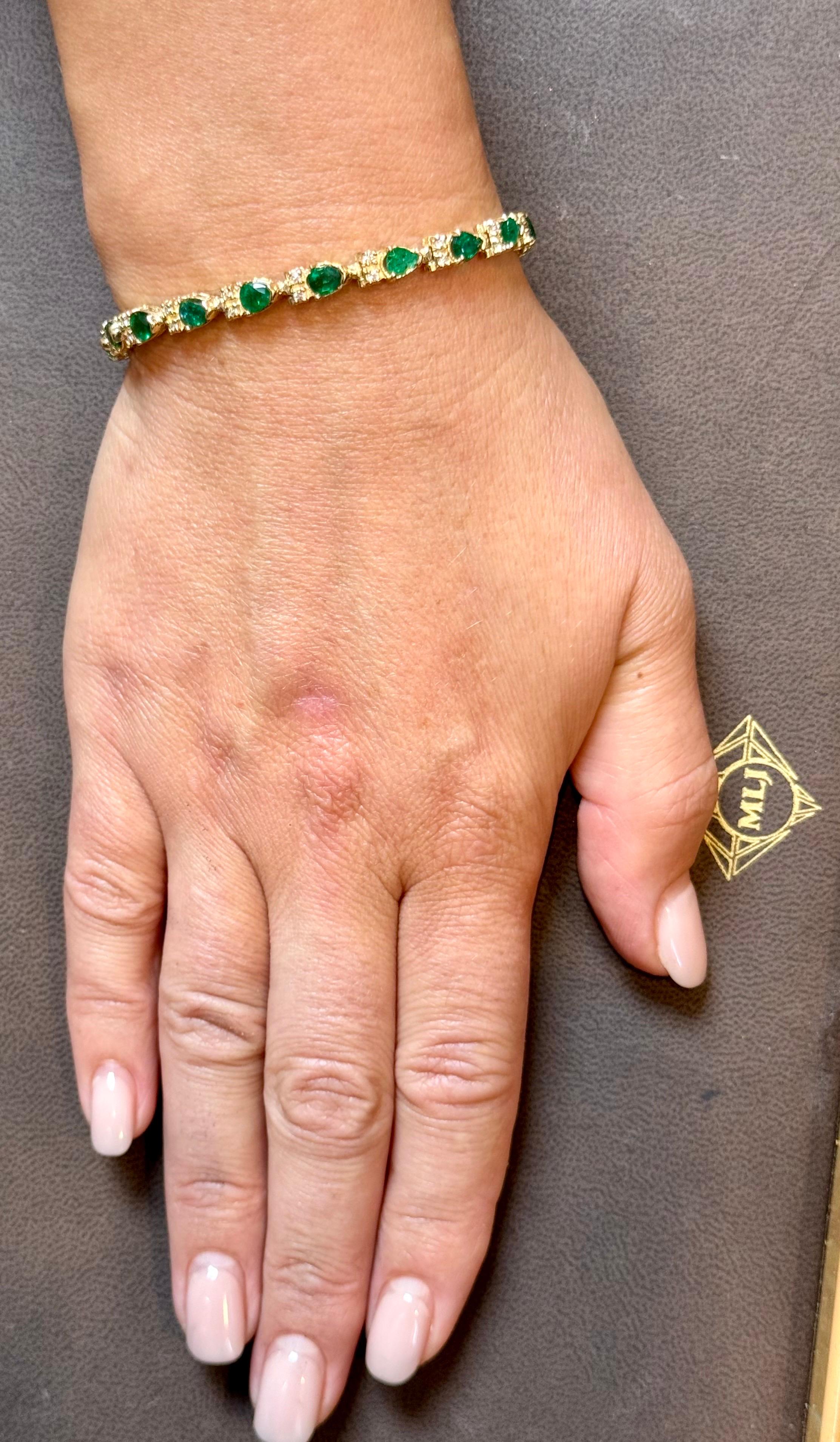 8 Karat natürlicher brasilianischer Smaragd & Diamant-Tennisarmband 14 Karat Gelbgold 7 