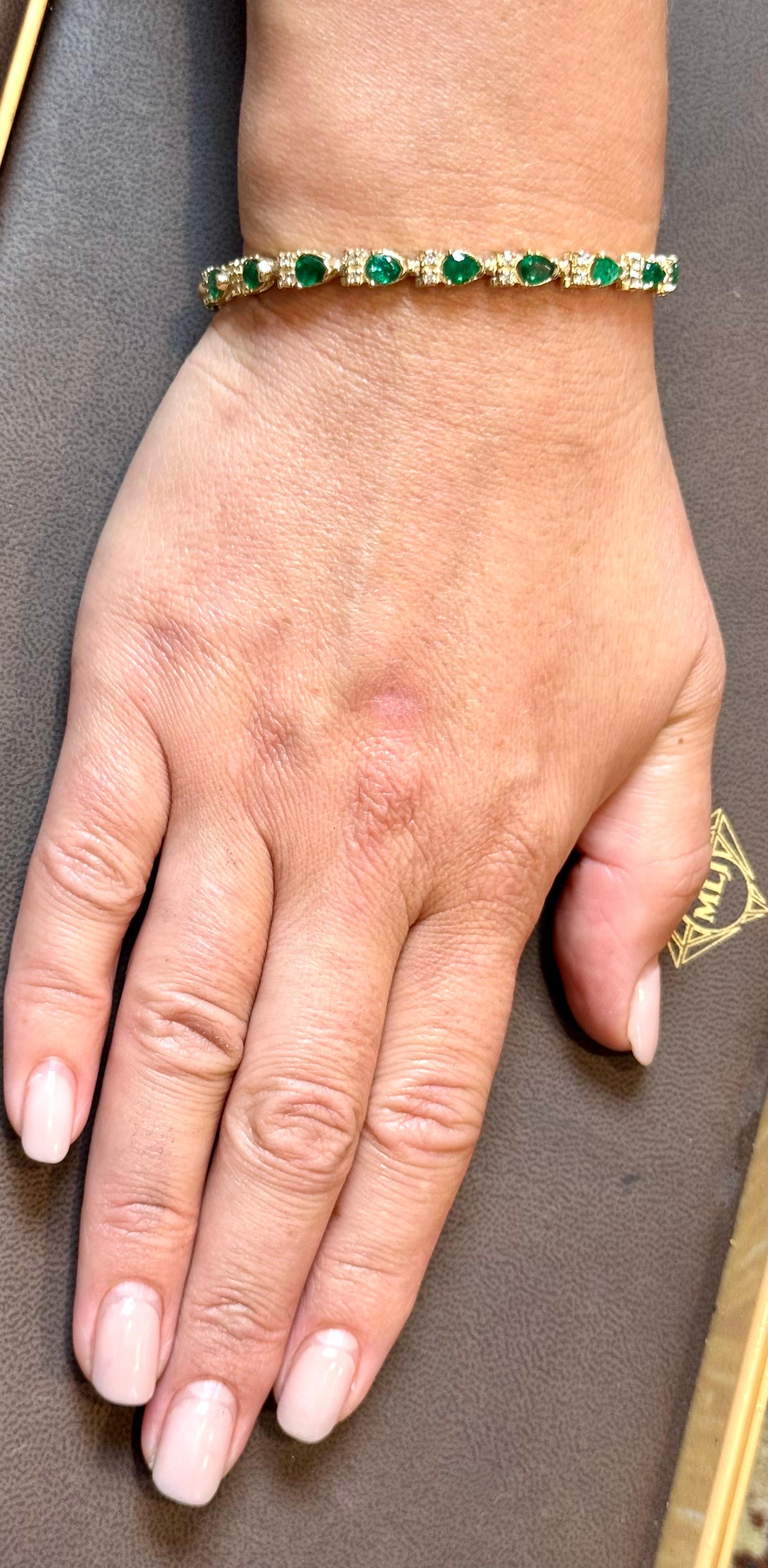 8 Karat natürlicher brasilianischer Smaragd & Diamant-Tennisarmband 14 Karat Gelbgold 7 