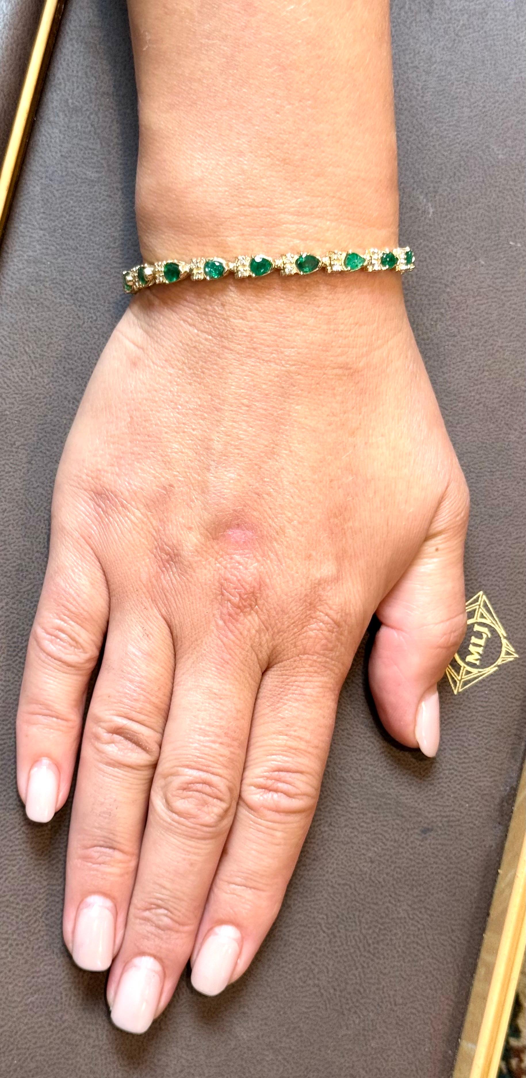 8 Karat natürlicher brasilianischer Smaragd & Diamant-Tennisarmband 14 Karat Gelbgold 7 