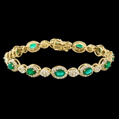 8 ct Natural Brazilian Emerald & 4.5 Ct Diamond Tennis Bracelet 14 Karat Gold