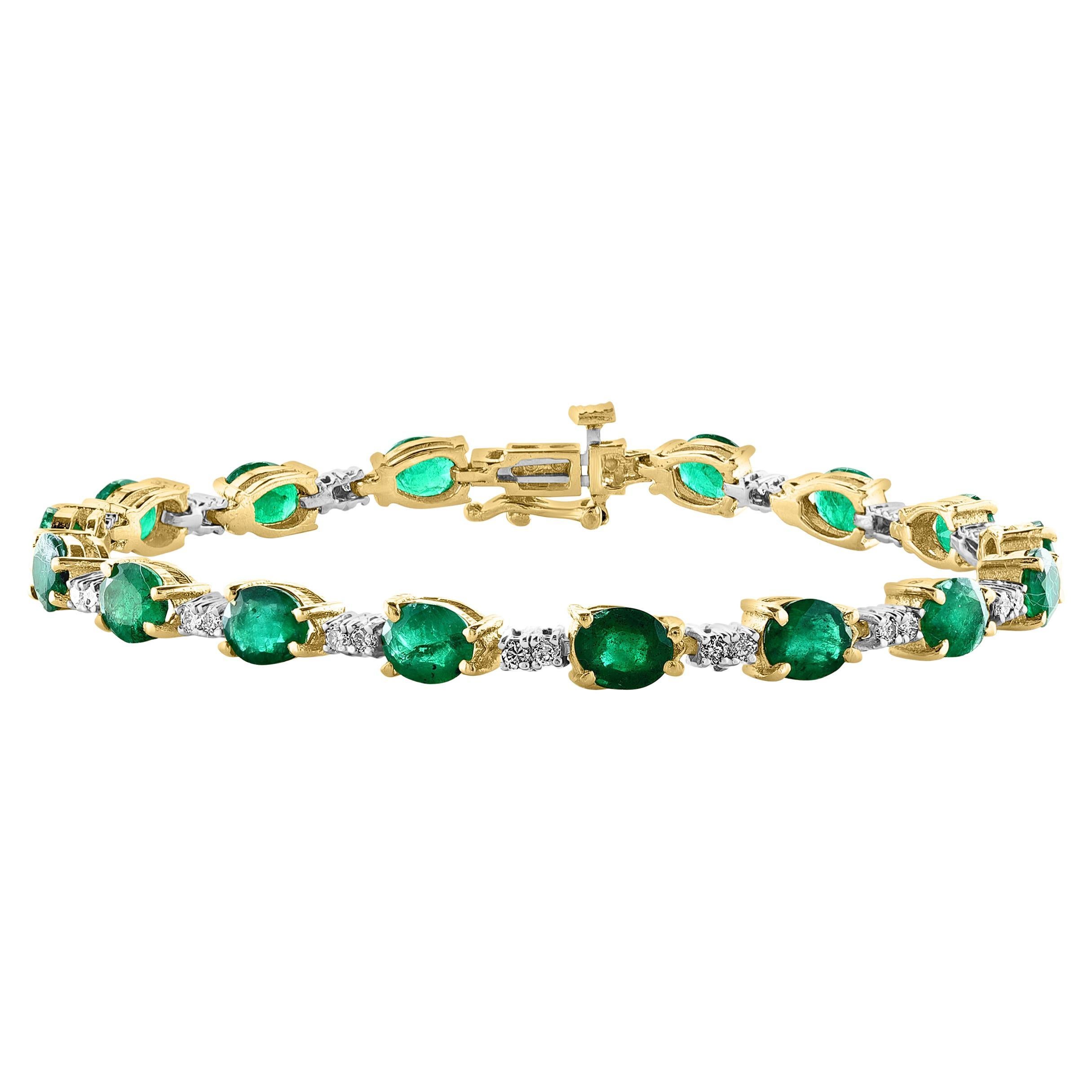 8 Ct Natural Brazilian Emerald and Diamond Tennis Bracelet 14 Karat Yellow Gold For Sale