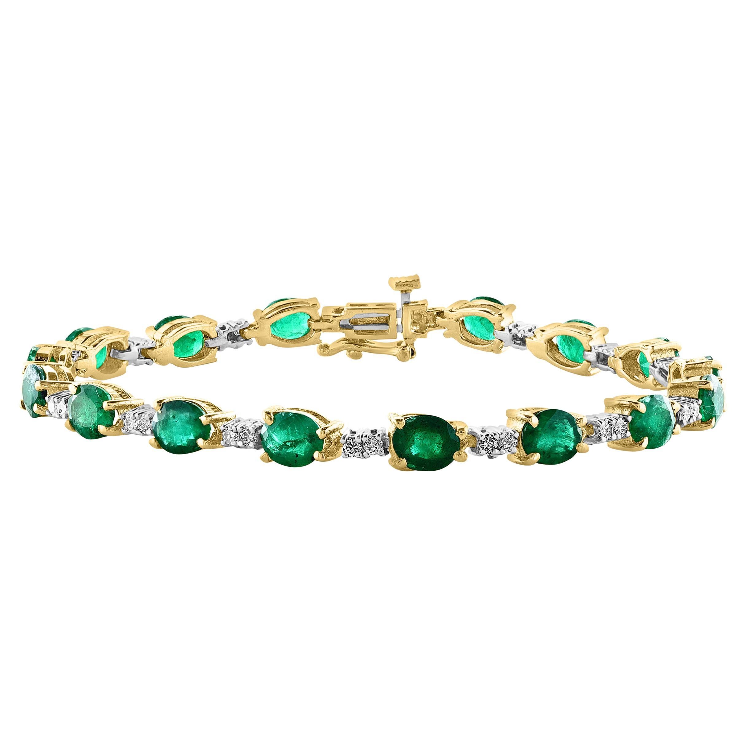 Bracelet tennis en or jaune 14 carats avec émeraudes du Brésil naturelles de 8 carats et diamants