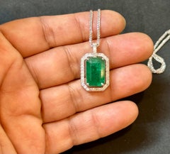 GIA Certified 8 Ct Natural Emerald Cut Emerald & Diamond  Pendant, 14KWG Chain