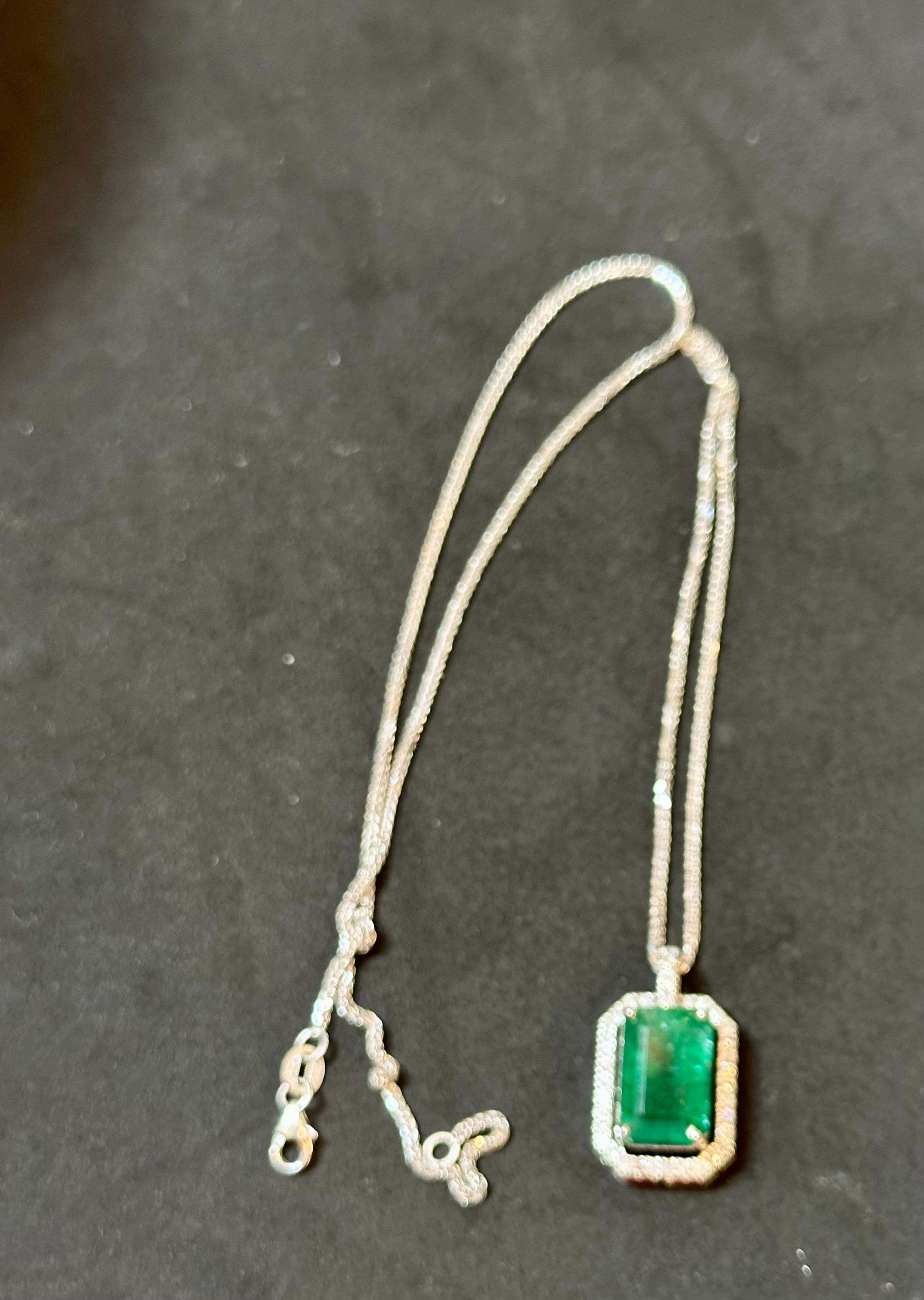 8 Ct Natural Emerald Cut  Emerald  & Diamond Halo Pendant Pendant, 14KWG Chain  For Sale 1