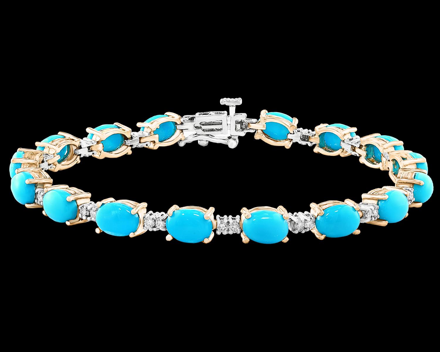 Rare and classic 8 Ct Natural Sleeping Beauty Turquoise & Diamond Tennis Bracelet 14 K White Gold
 This exceptionally Rare Tennis  bracelet has  16 stones of oval  Sleeping Beauty  . Each Oval sleeping beauty turquoise is spaced by two diamonds .