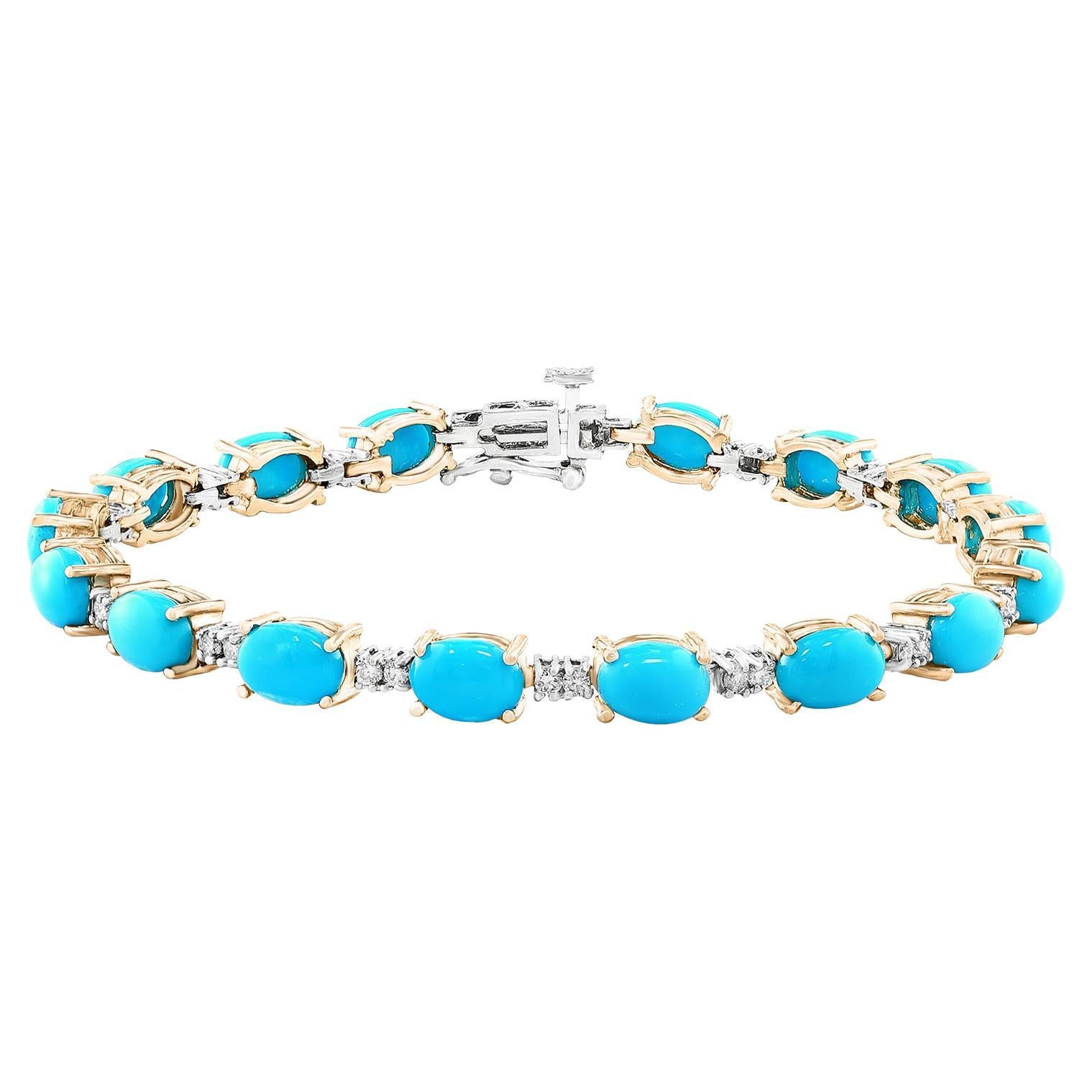 Rare and classic 8 Ct Natural Sleeping Beauty Turquoise & Diamond Tennis Bracelet 14 K White Gold
 This exceptionally Rare Tennis  bracelet has  16 stones of oval  Sleeping Beauty  . Each Oval sleeping beauty turquoise is spaced by two diamonds .