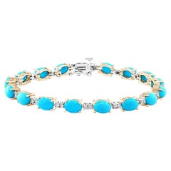 8 Ct Natural Sleeping Beauty Turquoise & Diamond Tennis Bracelet 14 K White Gold