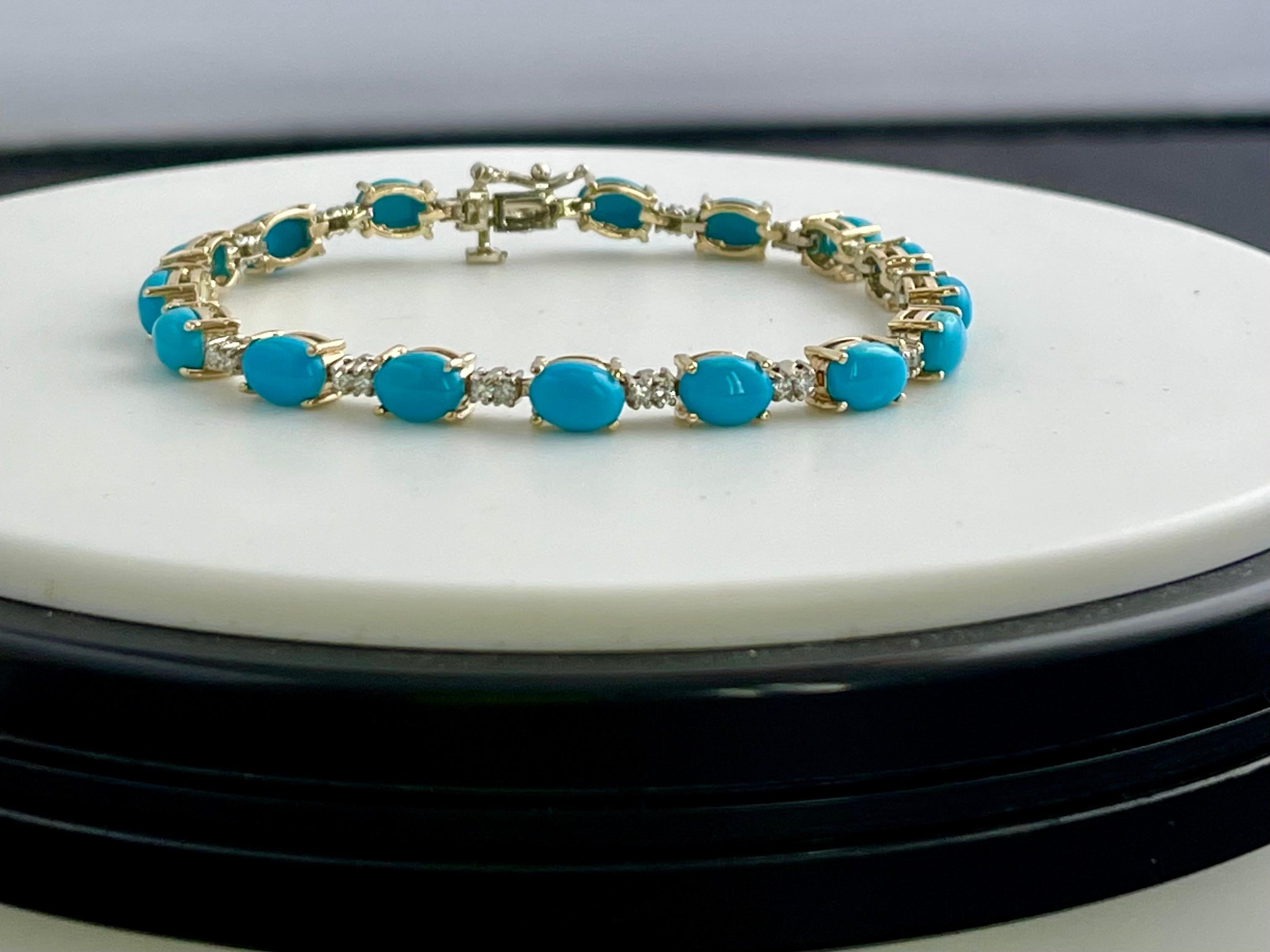 8 Ct Natural Sleeping Beauty Turquoise & Diamond Tennis Bracelet 14 K White Gold In New Condition For Sale In New York, NY