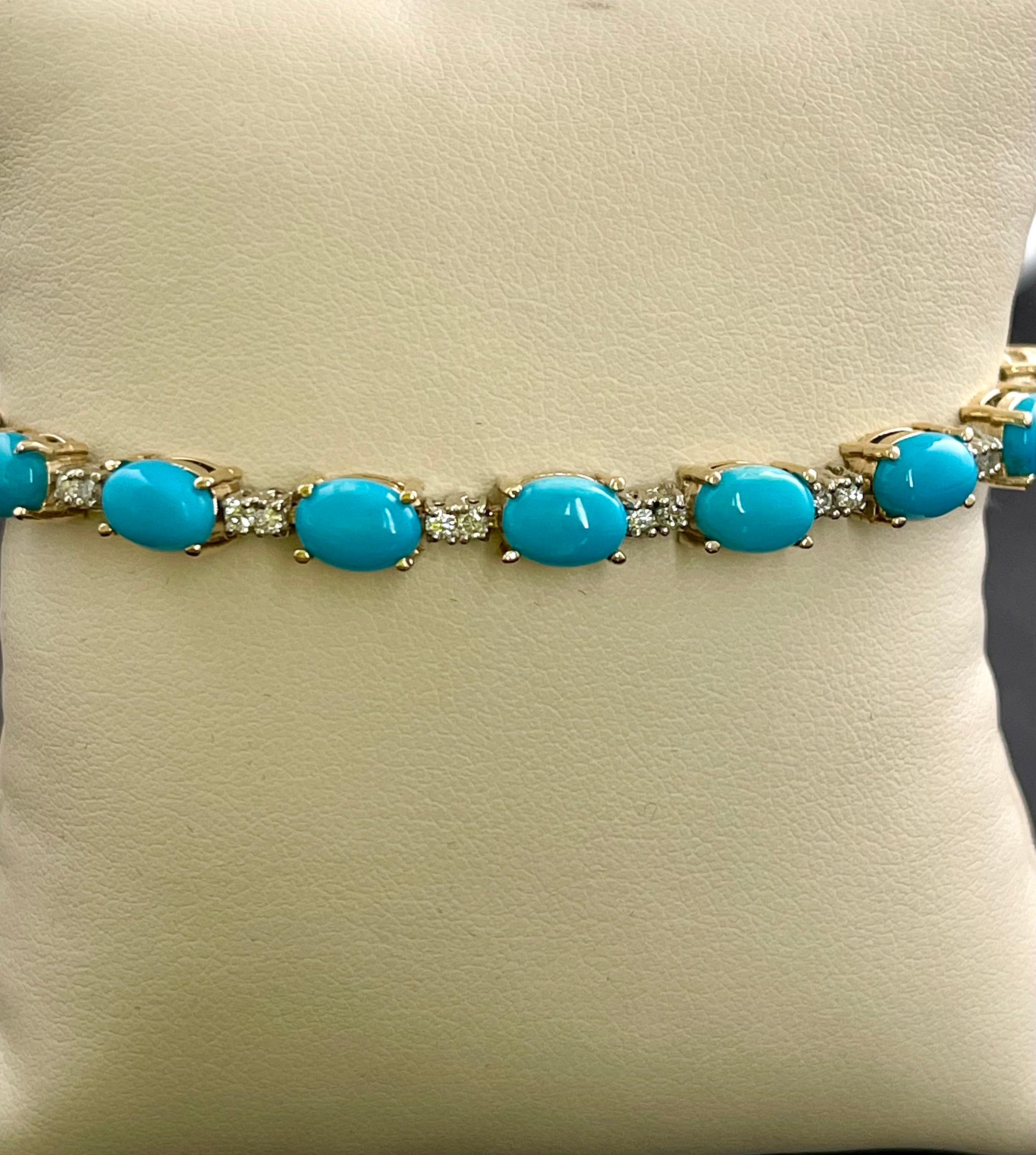 Women's 8 Ct Natural Sleeping Beauty Turquoise & Diamond Tennis Bracelet 14 K White Gold For Sale