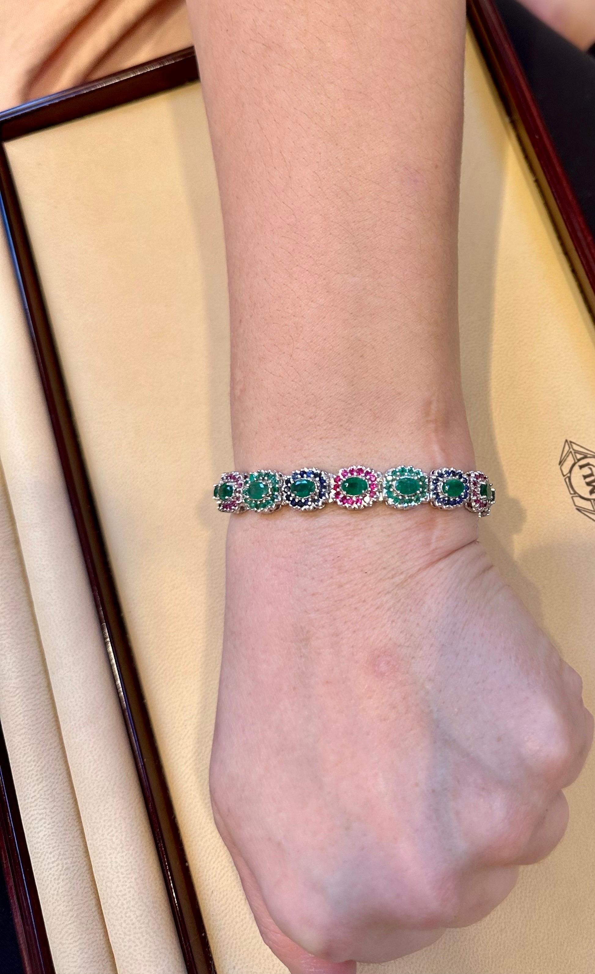 8 Ct Oval Cut Emerald & Ruby & Sapphire Tennis Bracelet 14 Kt White Gold 25.5Gm For Sale 6