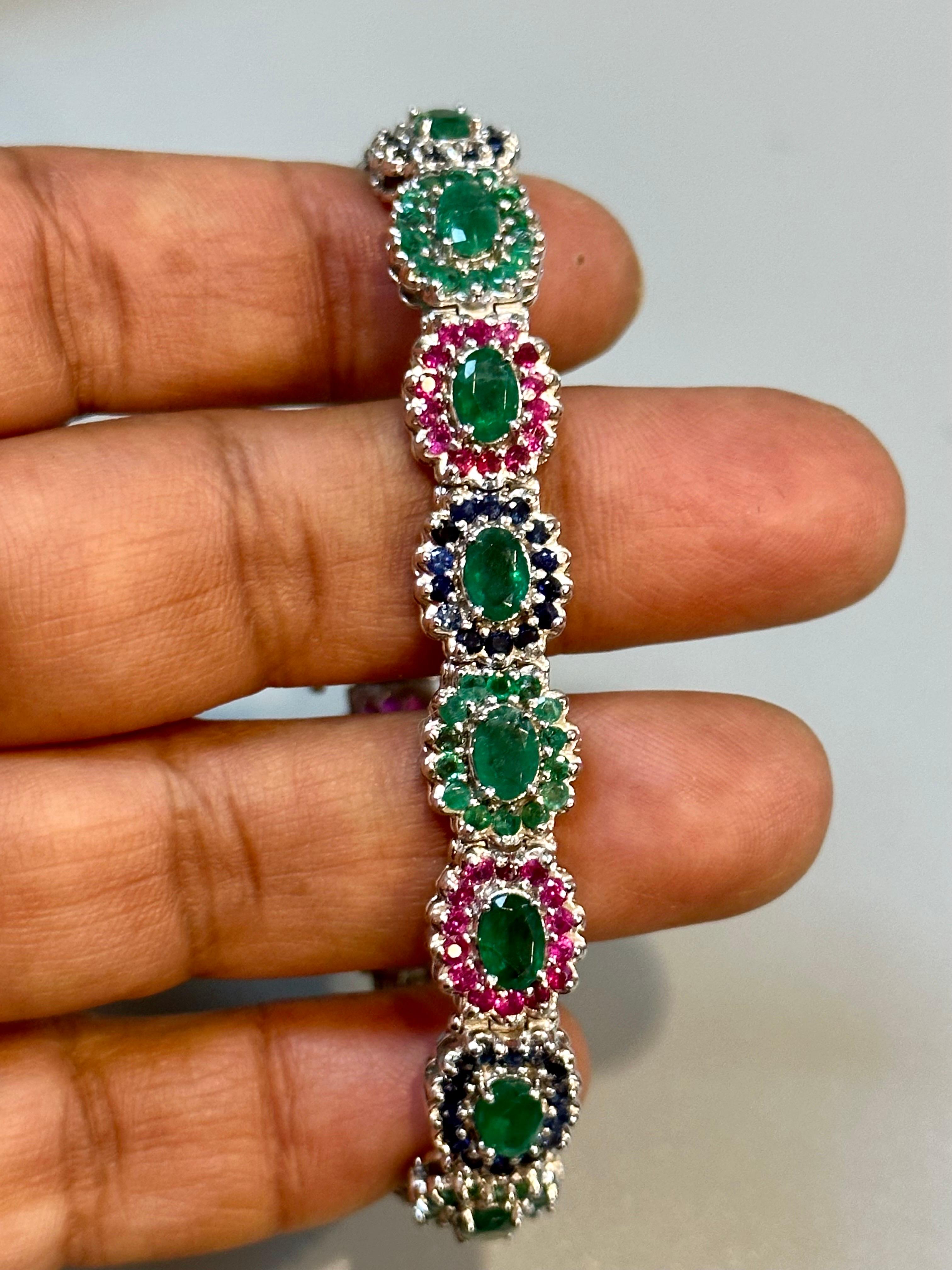 8 Ct Oval Cut Emerald & Ruby & Sapphire Tennis Bracelet 14 Kt White Gold 25.5Gm For Sale 7