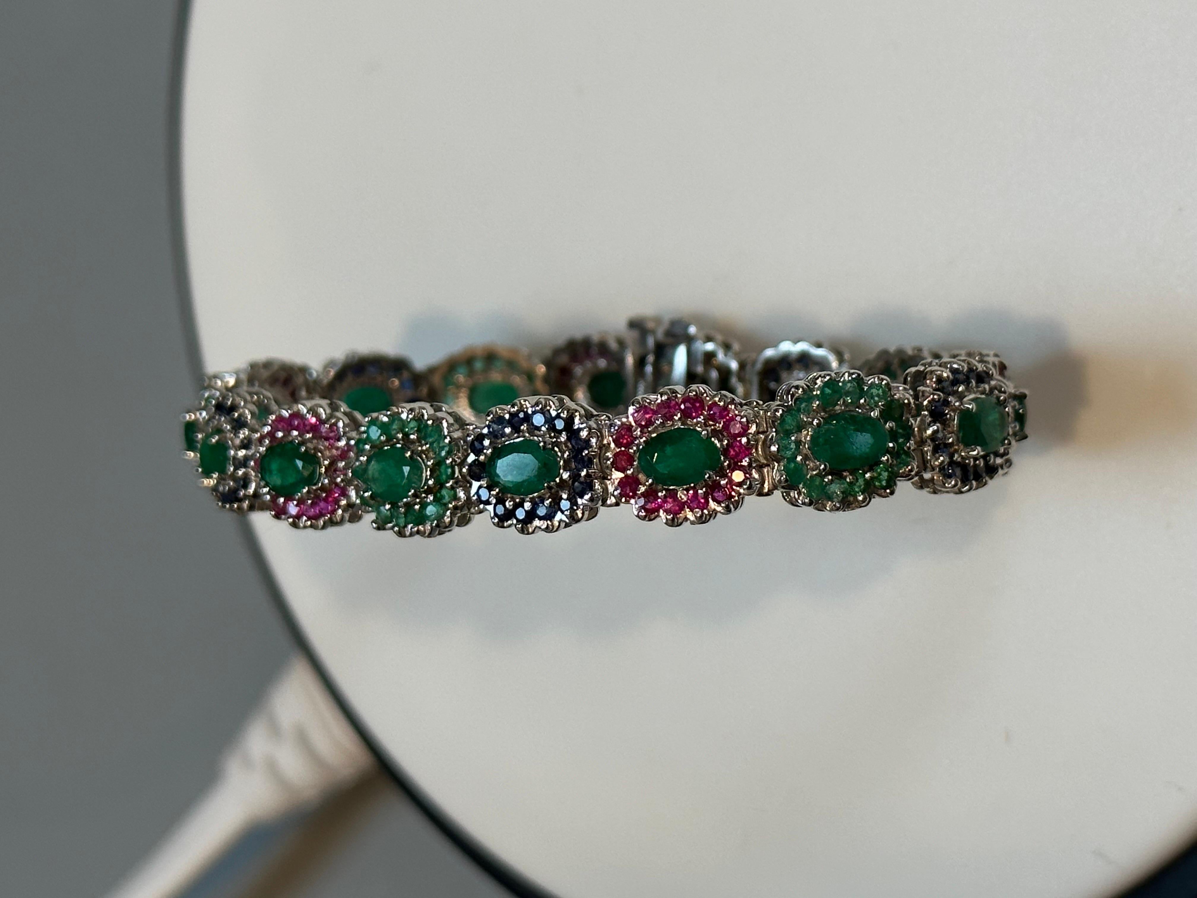 8 Ct Oval Cut Emerald & Ruby & Sapphire Tennis Bracelet 14 Kt White Gold 25.5Gm For Sale 8