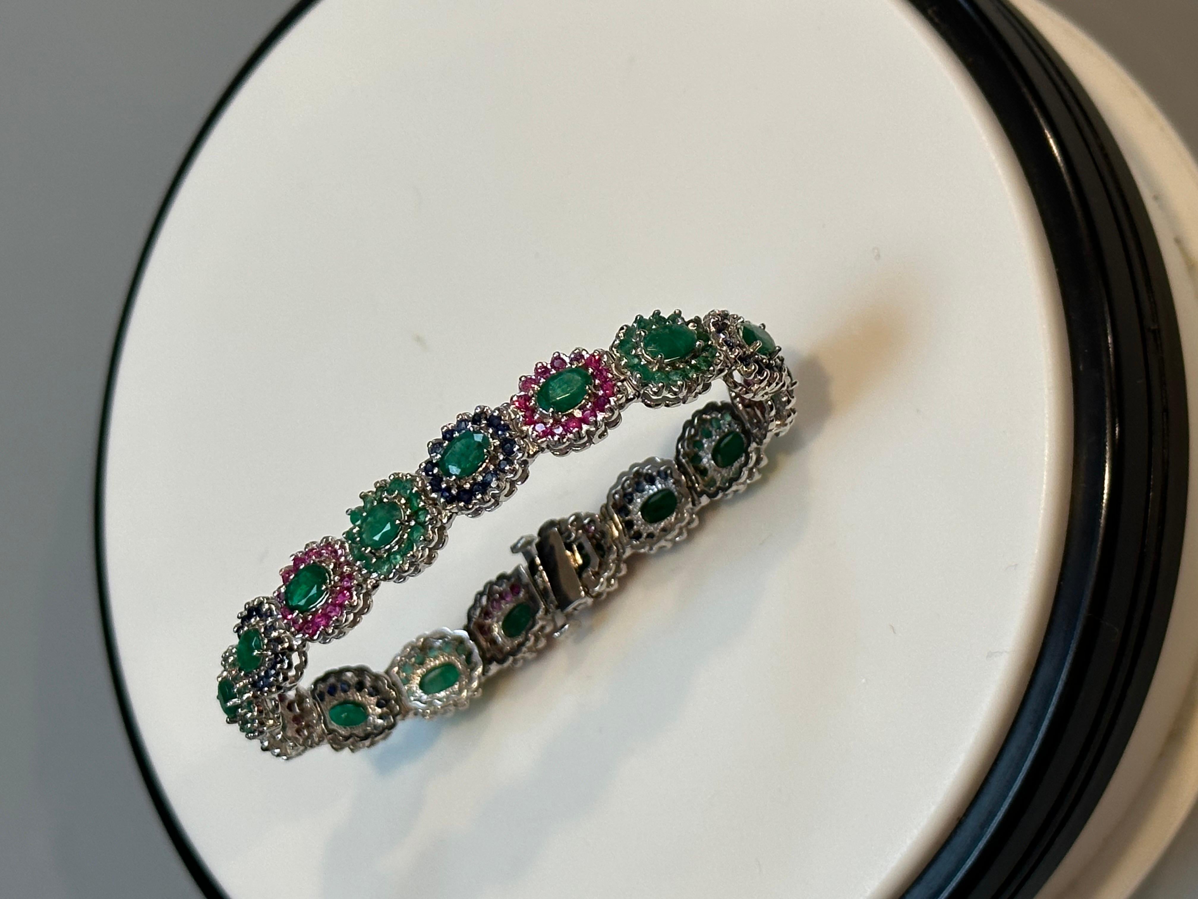 8 Ct Oval Cut Emerald & Ruby & Sapphire Tennis Bracelet 14 Kt White Gold 25.5Gm For Sale 9