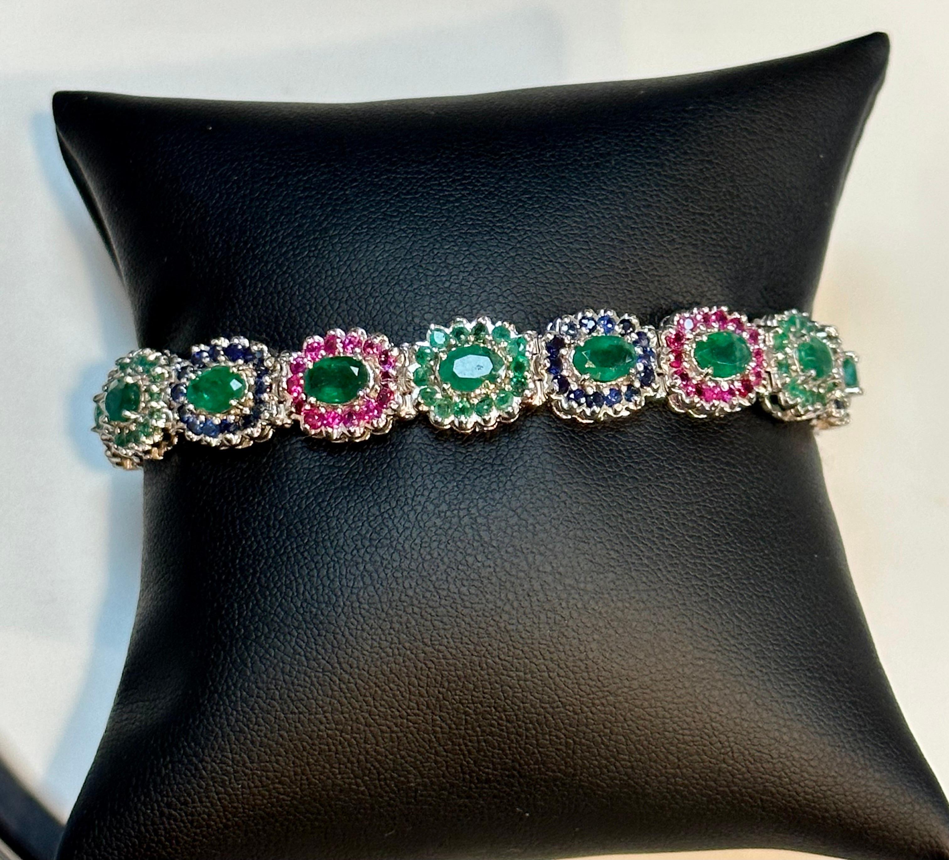 8 Ct Oval Cut Emerald & Ruby & Sapphire Tennis Bracelet 14 Kt White Gold 25.5Gm For Sale 10