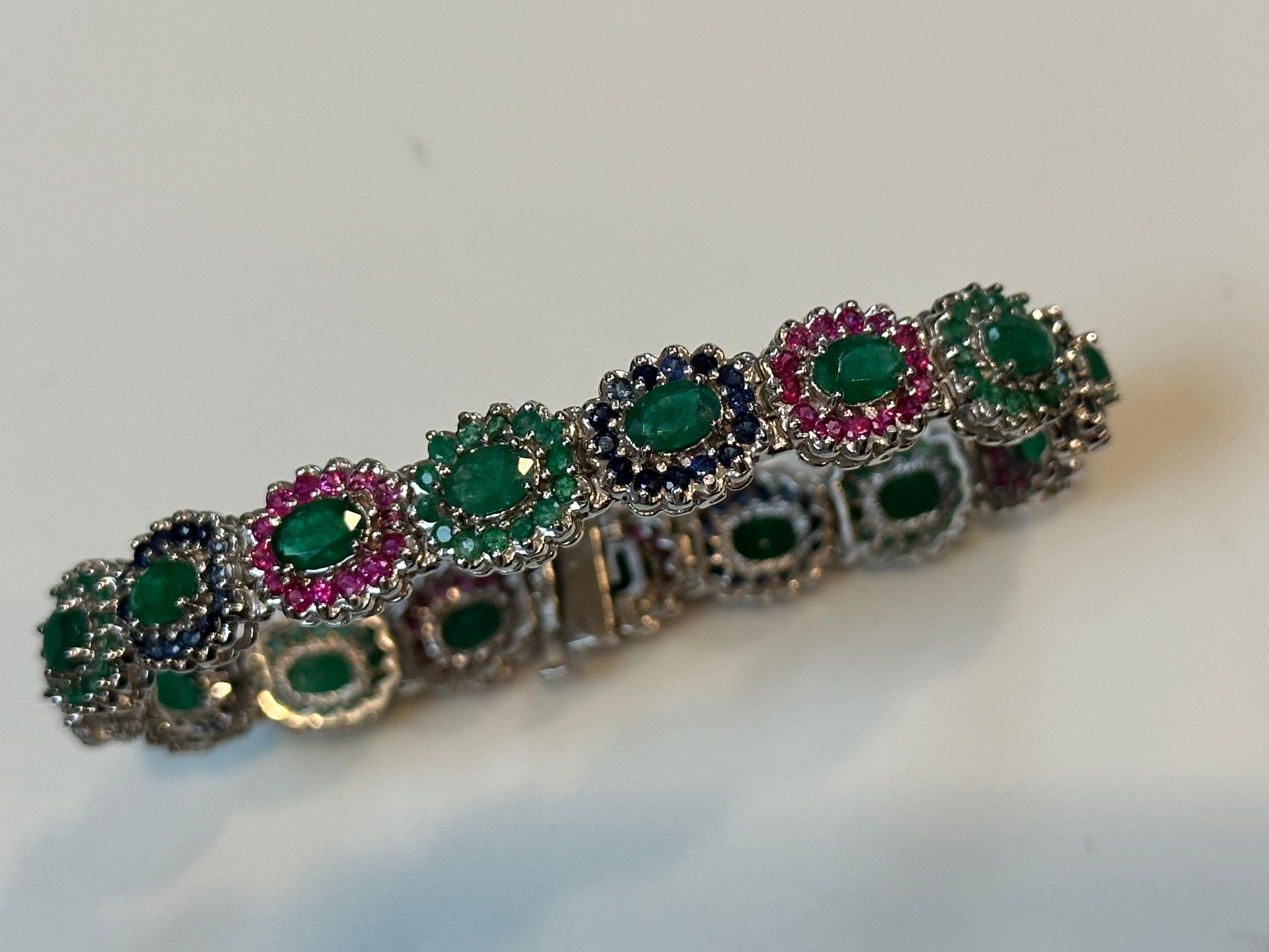 8 Ct Oval Cut Emerald & Ruby & Sapphire Tennis Bracelet 14 Kt White Gold 25.5Gm For Sale 11