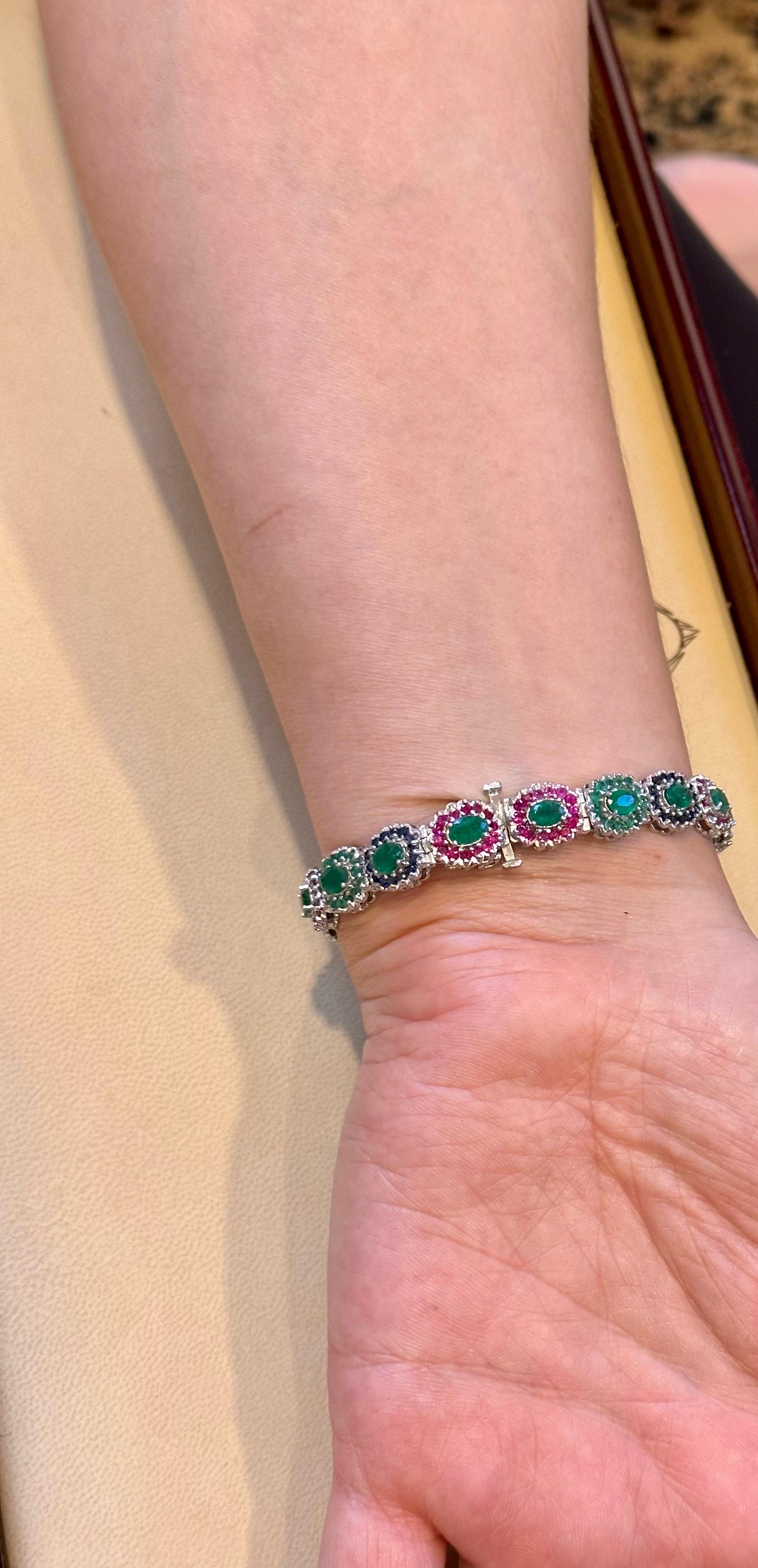 8 Ct Oval Cut Emerald & Ruby & Sapphire Tennis Bracelet 14 Kt White Gold 25.5Gm For Sale 12