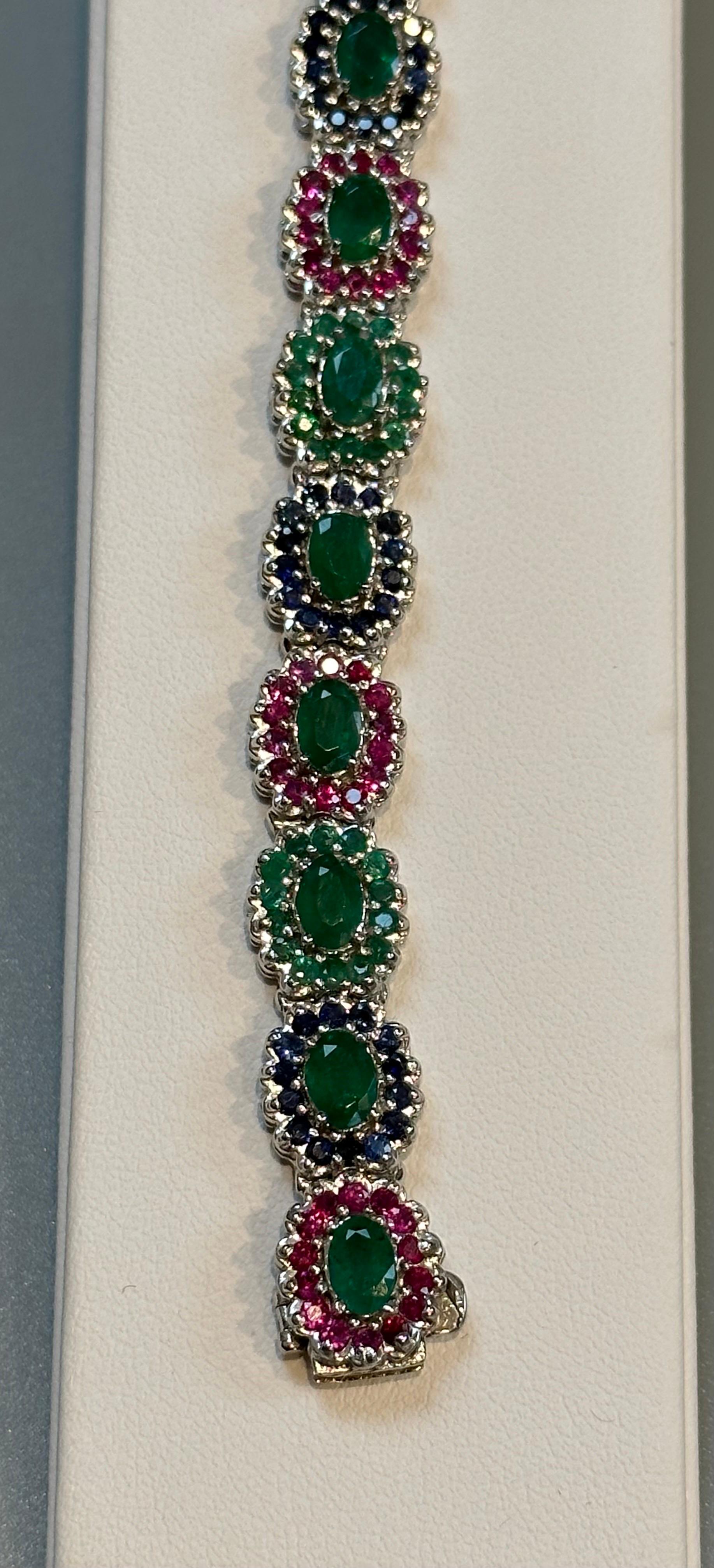 Women's 8 Ct Oval Cut Emerald & Ruby & Sapphire Tennis Bracelet 14 Kt White Gold 25.5Gm For Sale